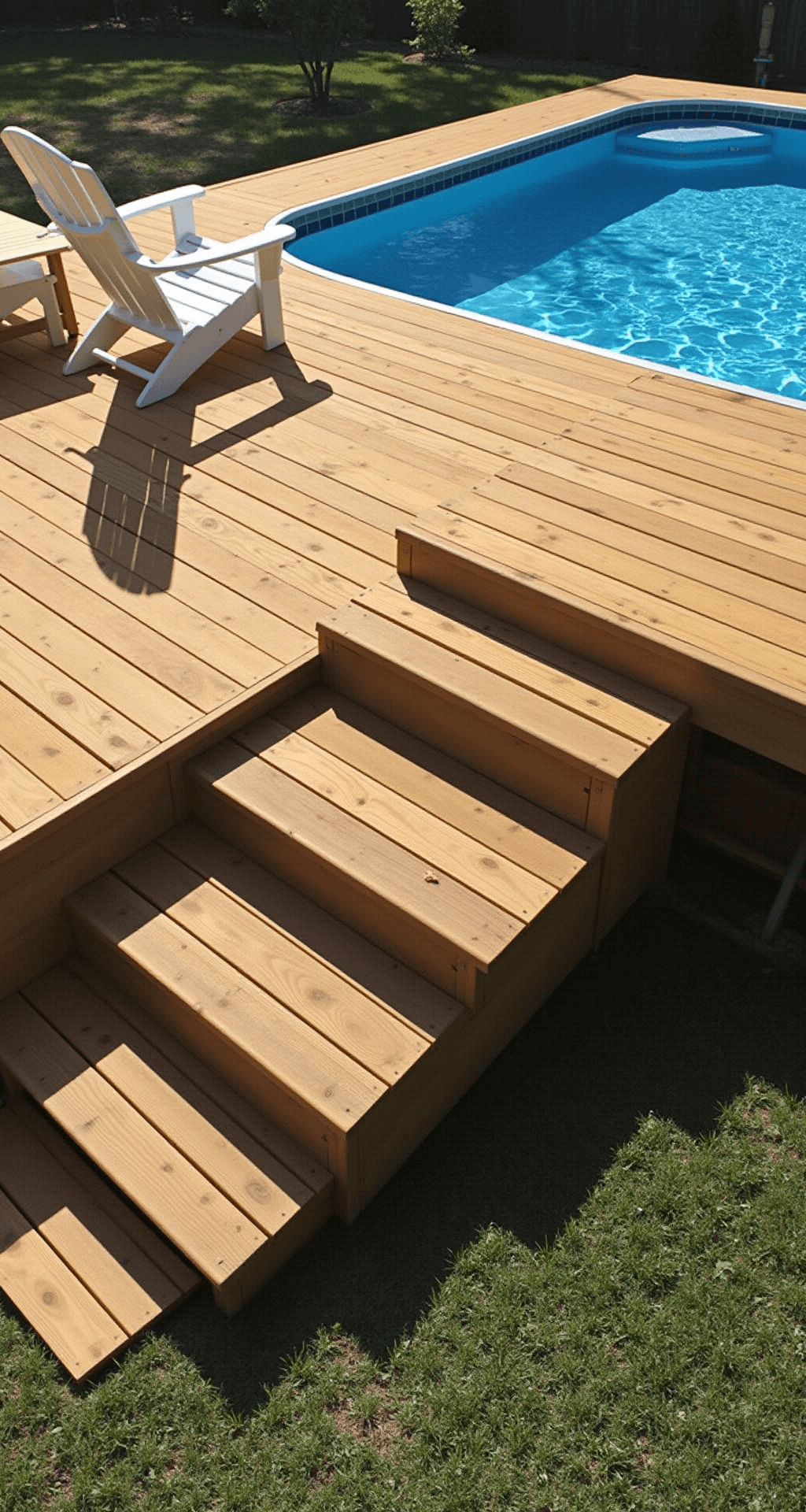 A ground-level view of a 12x24 foot rectangular above-ground pool with a warm honey-colored pressure-treated pine deck featuring graduated steps, two white Adirondack chairs, and a rustic wooden table, all under bright sunlight casting strong shadows.
