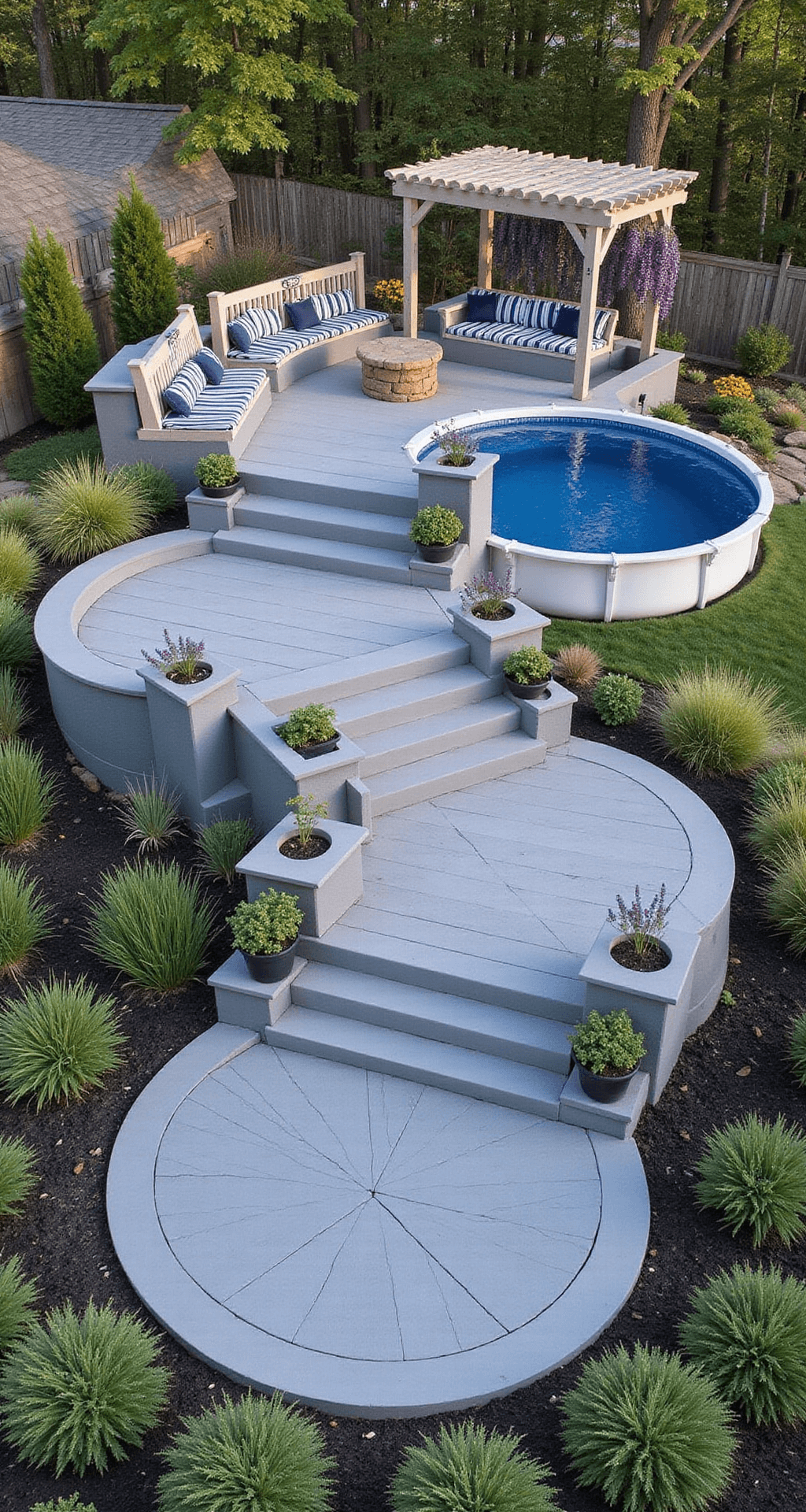 A high-angle view of a terraced deck system with three levels of light gray composite decking, leading to a round above-ground pool. Each level features built-in bench seating with navy and white striped cushions, surrounded by ornamental grasses and lavender plants. The top terrace includes a pergola draped with wisteria, all bathed in soft evening light that casts long shadows.