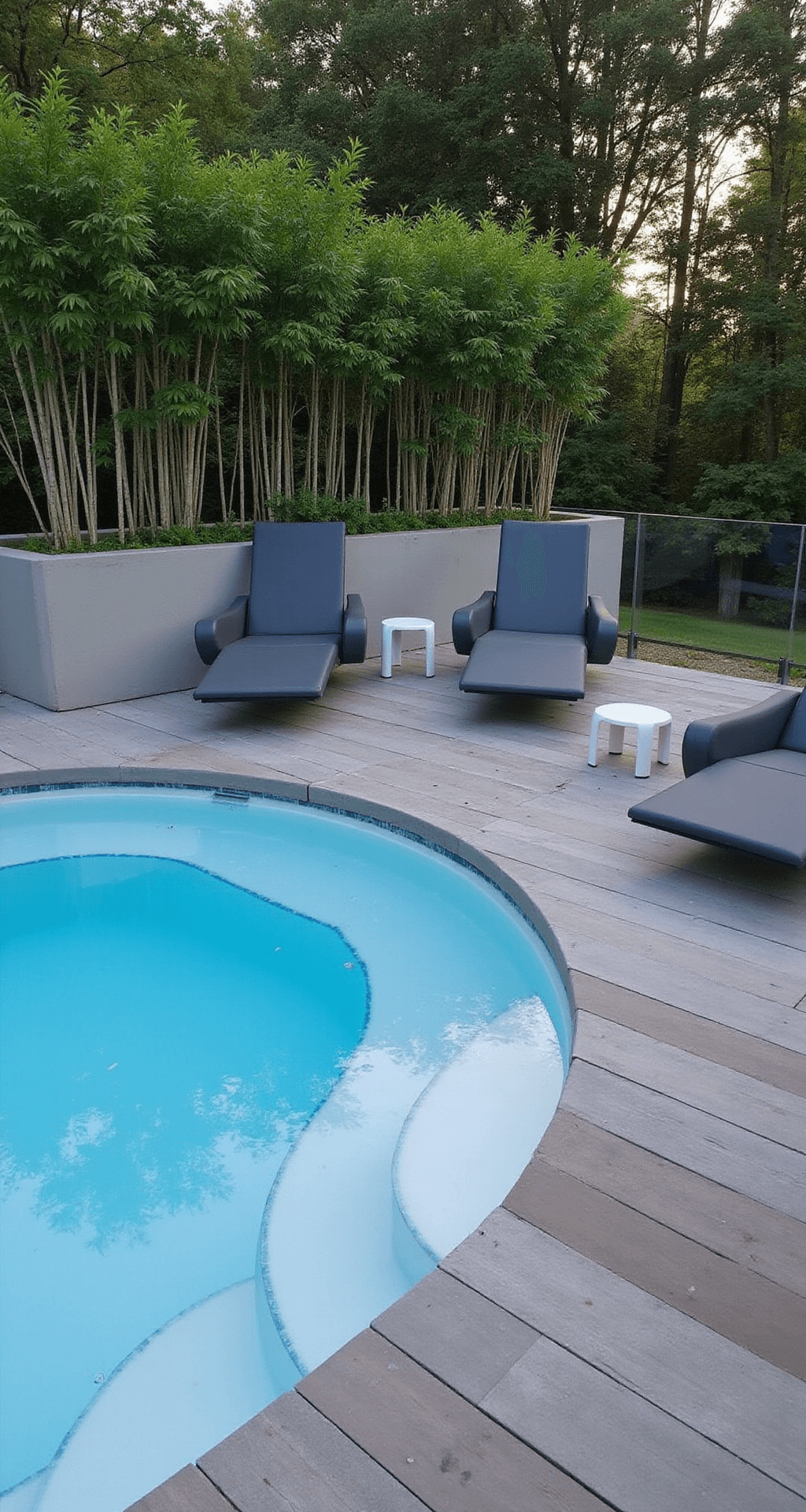 A partially submerged 20-foot oval above-ground pool with a sleek modern deck made of brushed aluminum and ipe wood, featuring a glass balustrade, minimalist lounge chairs, and a raised planter box with ornamental bamboo, all captured at water level in cool morning light.