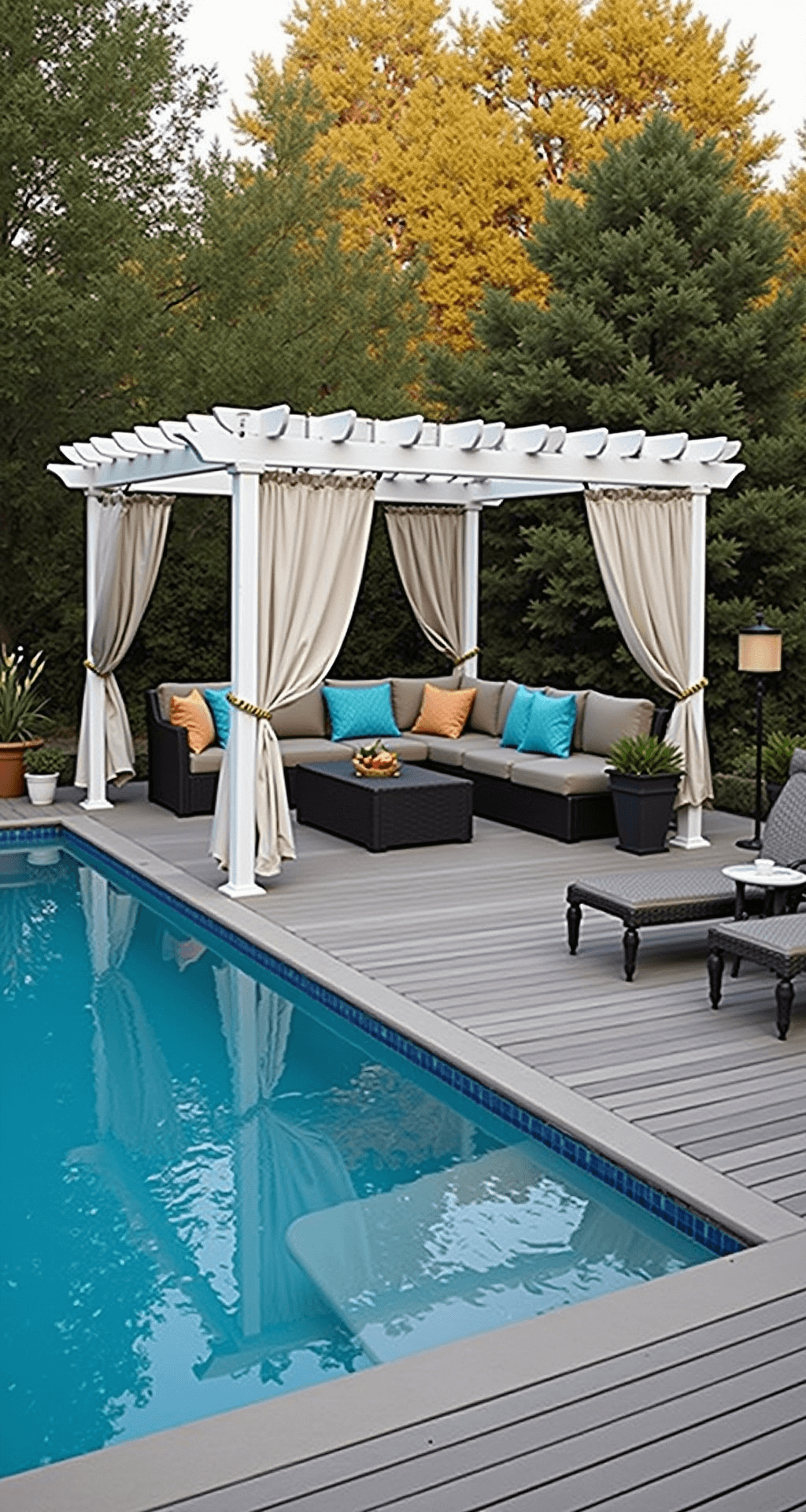 A corner view of a rectangular above-ground pool surrounded by a weathered cedar L-shaped deck and a white pergola draped with curtains. A cozy sectional sofa with turquoise pillows is beneath the pergola, adorned with hanging plants and string lights. The warm golden hour light enhances the inviting atmosphere.