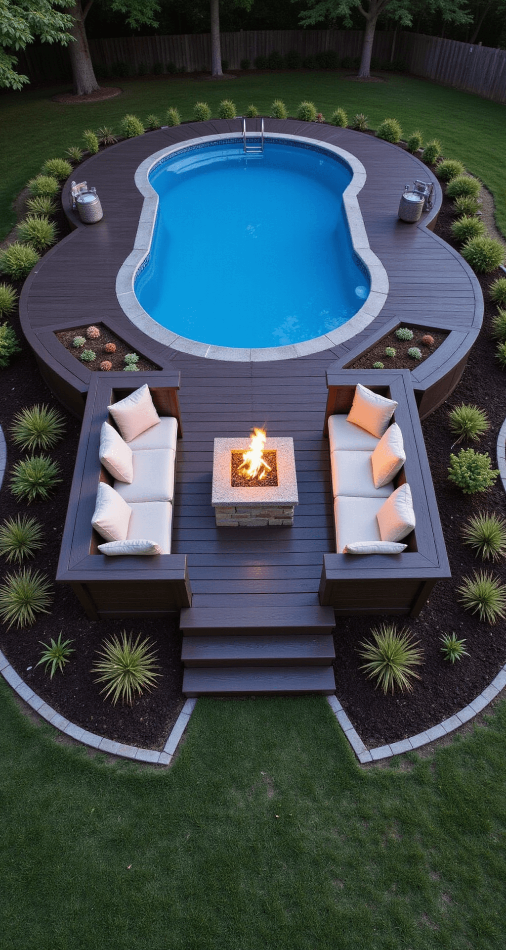 An aerial view of a cozy, 12-foot round above-ground pool surrounded by a circular espresso-toned composite deck, featuring integrated benches with cream cushions, raised planters filled with succulents, and a central built-in fire pit, all illuminated by twilight lighting and contrasting LED pool lights.