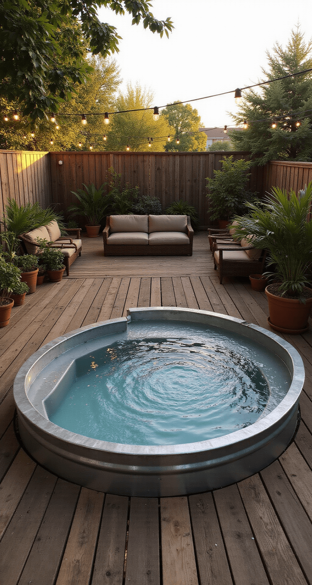A spacious backyard at golden hour featuring an 8ft diameter galvanized steel stock tank pool on a custom-built wooden deck, surrounded by lush potted plants and string lights, with warm diffused lighting highlighting the scene.