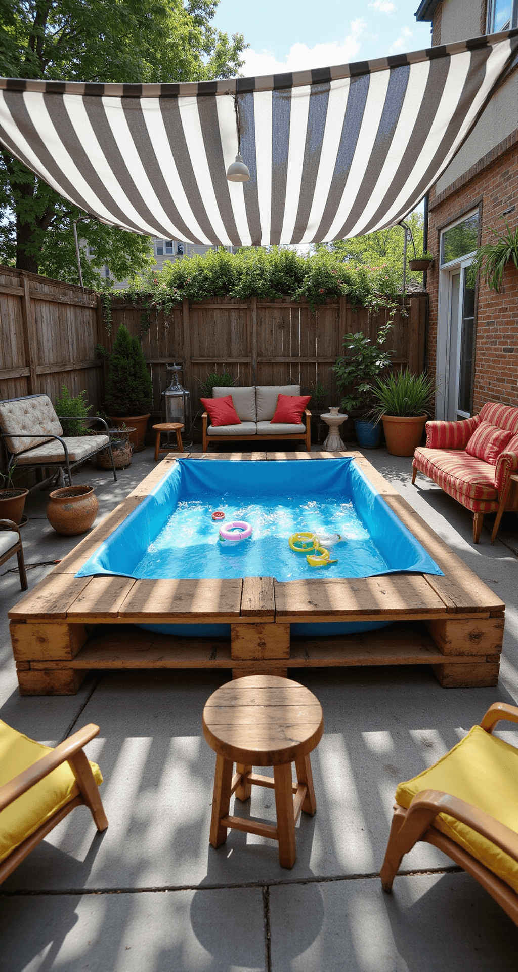 A cozy urban patio featuring a rectangular pallet pool lined with a bright blue tarp, surrounded by eclectic mismatched furniture, vibrant flotation devices, and hanging plants. A striped canopy provides dappled sunlight over the space, highlighting its bohemian vibe.