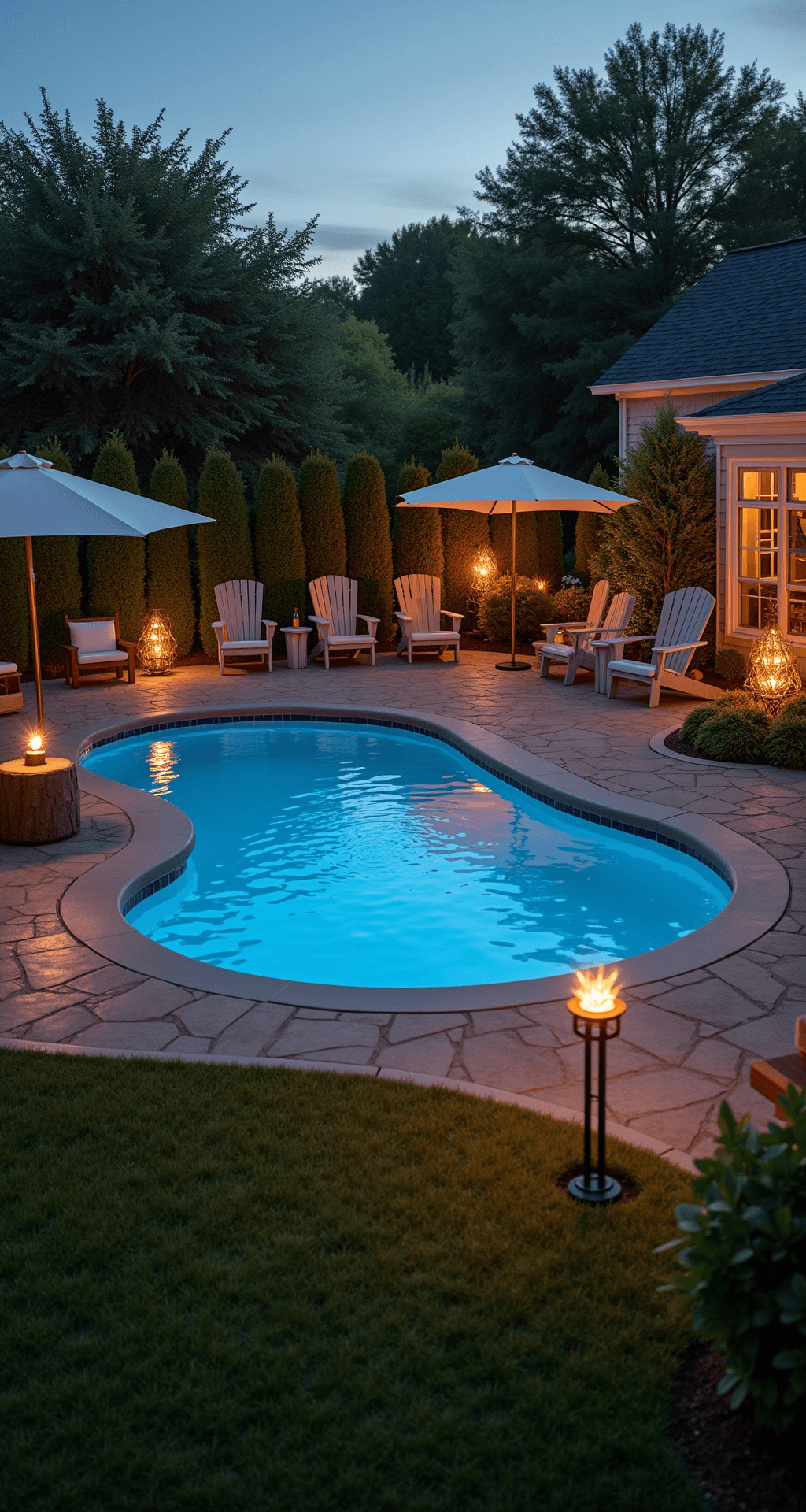 A spacious suburban backyard at dusk featuring a large inflatable pool surrounded by manicured grass, stepping stone pathways, Adirondack chairs, and ambient lighting from tiki torches and solar lights. The scene captures a warm, cozy atmosphere with reflections of the twilight sky on the pool's surface.
