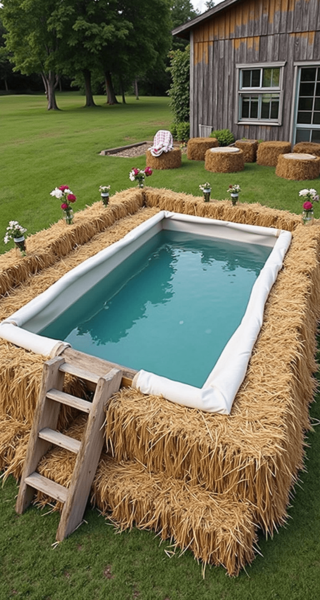 A rustic backyard featuring a 10x12ft hay bale pool surrounded by hay bales and wildflowers in mason jars, with picnic blankets, captured in bright morning light.