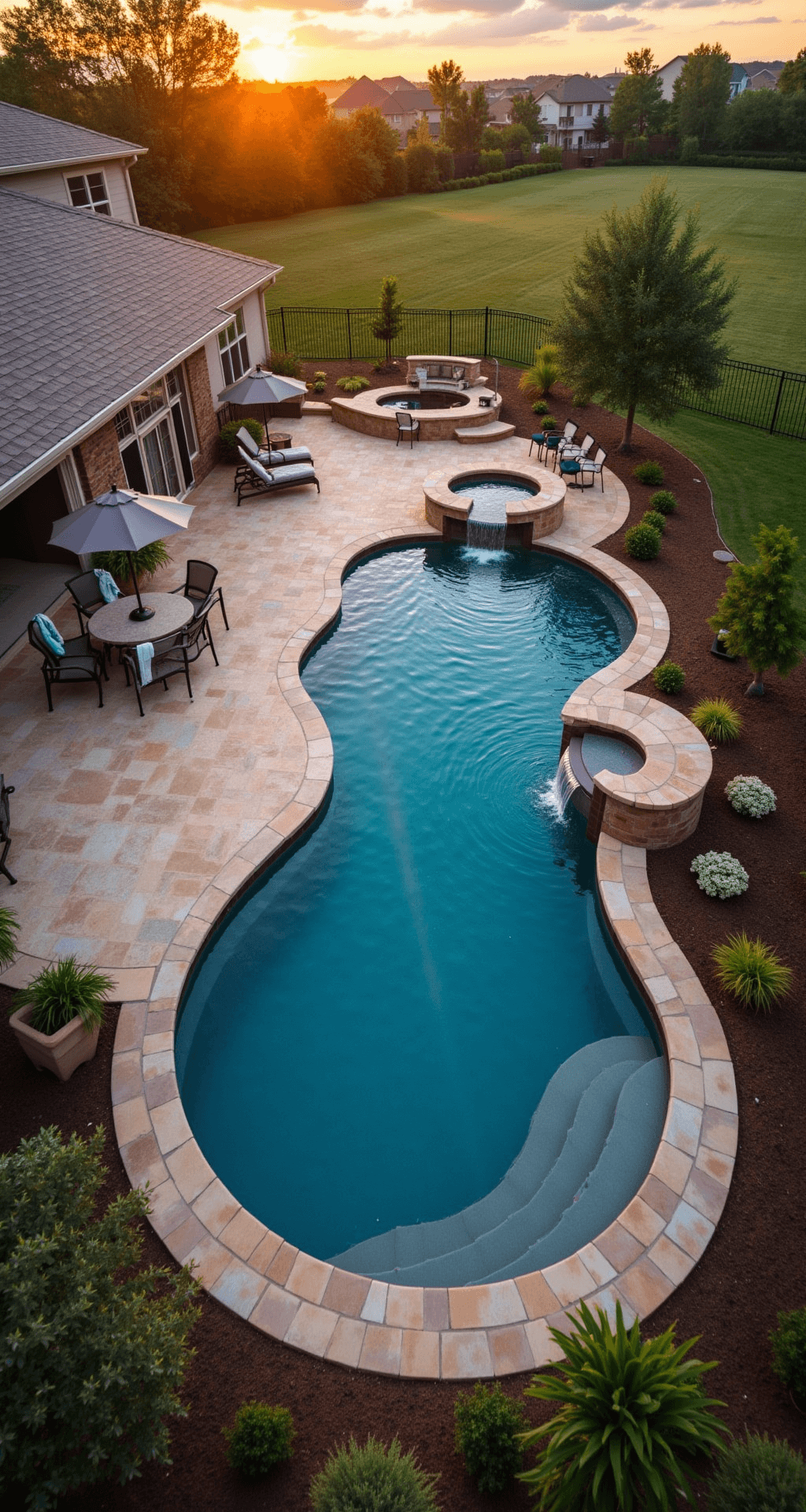 Aerial view of a luxurious backyard at sunset featuring a freeform DIY in-ground pool with aqua water, surrounded by a stamped concrete deck. An outdoor kitchen and bar area are present, alongside a cascading waterfall, lounge chairs, umbrellas, and a fire pit, all bathed in warm golden hour lighting. Rich greenery enhances the tranquil scene.