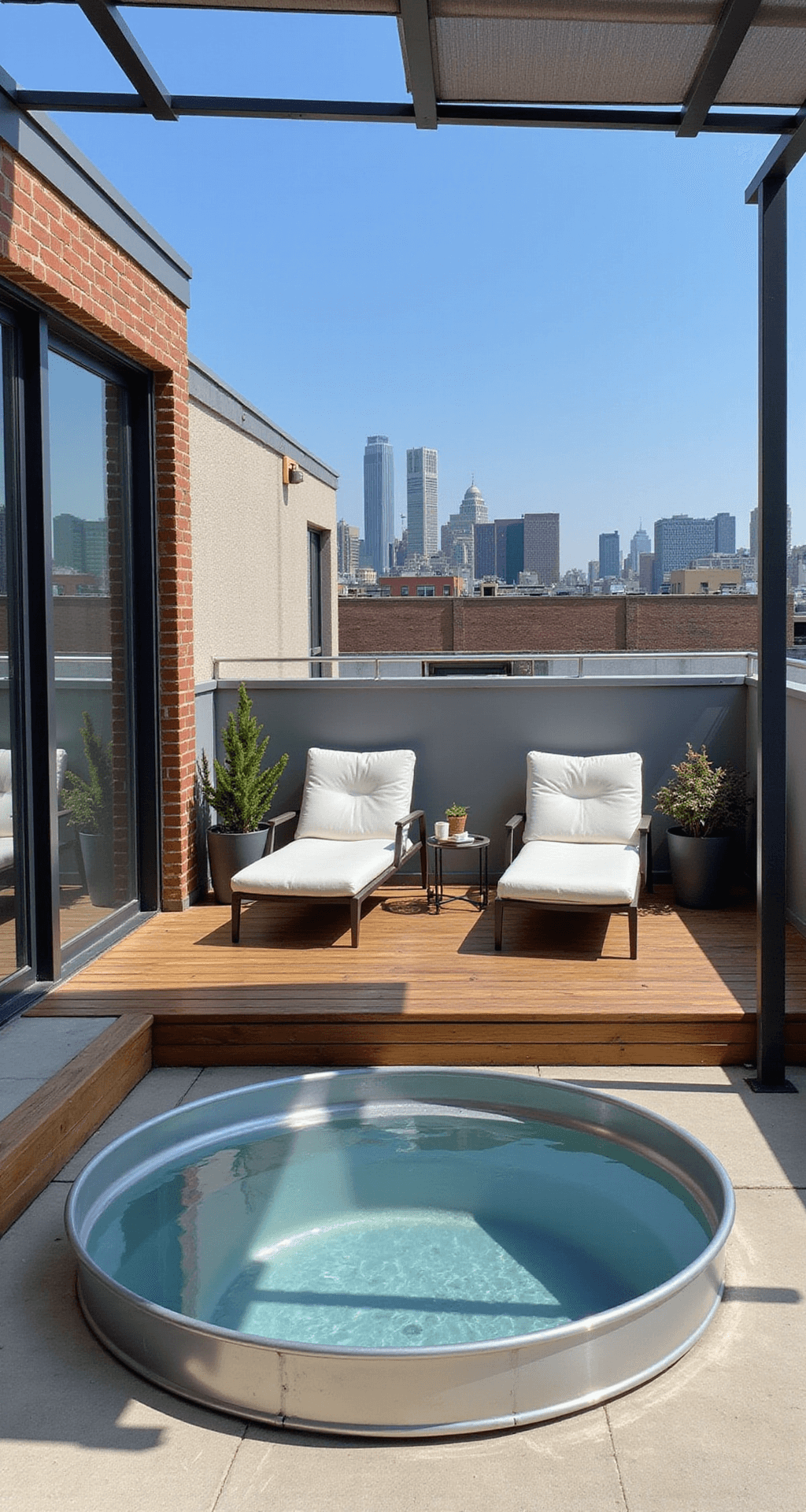 A compact urban rooftop terrace featuring a sunken stock tank plunge pool on a wooden platform, modern lounge chairs, minimalist planters, and a pergola with retractable shade, all set against a city skyline backdrop in bright sunlight.