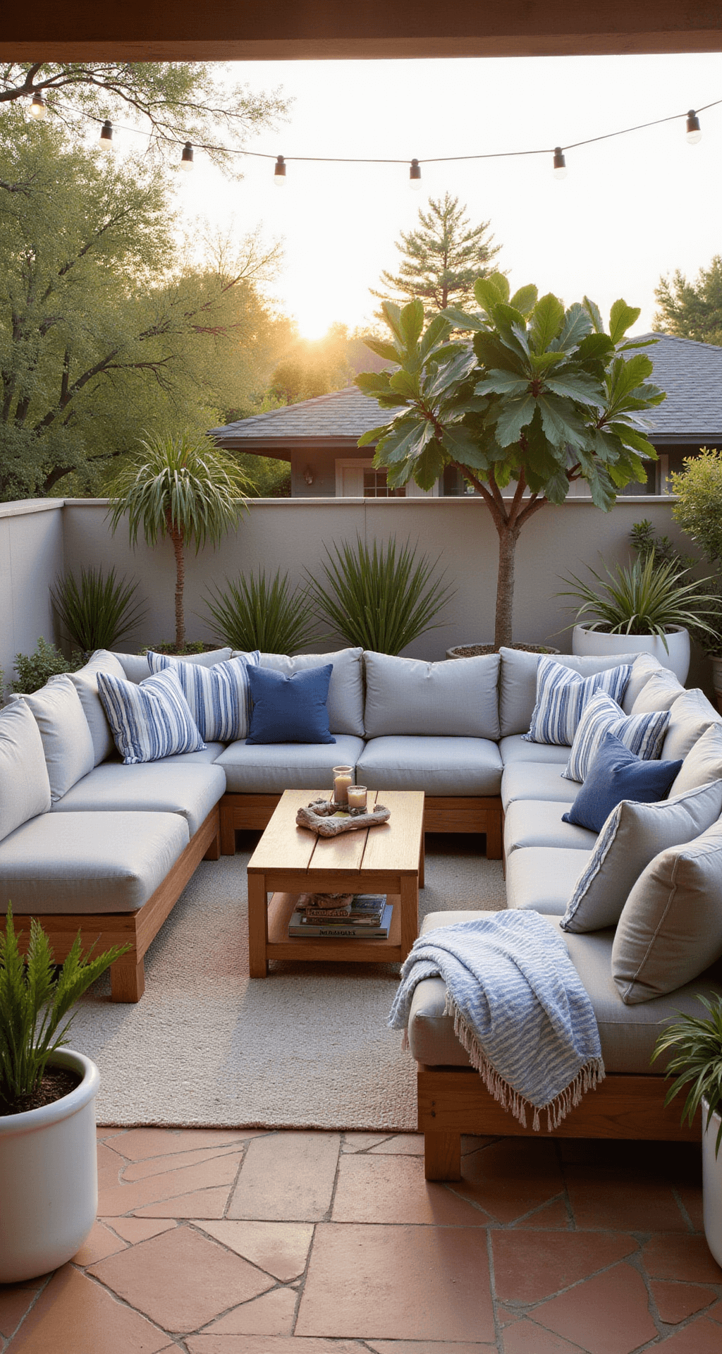 A spacious rectangular patio with terra cotta tile flooring, featuring a light gray L-shaped sectional sofa with blue and white striped pillows, a low teak coffee table with decorative driftwood and outdoor candles, surrounded by potted palms and coastal grasses, under a wooden pergola with string lights. The warm golden light of late afternoon enhances the relaxed coastal chic atmosphere.