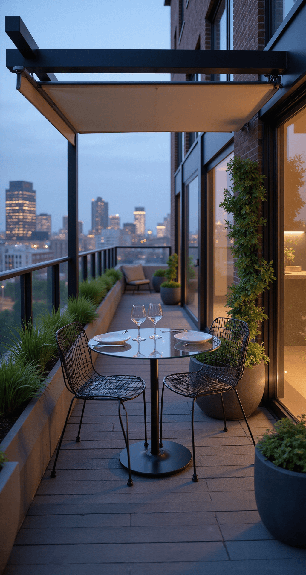 An intimate urban balcony patio with city skyline views at dusk, featuring a glass-top bistro table set with white plates and wine glasses, surrounded by lush greenery in concrete planters under a black metal pergola with a retractable cream awning.