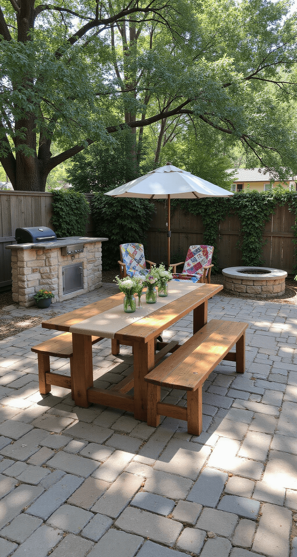 A rustic backyard patio featuring natural flagstone pavers, a large farmhouse table with burlap runner and wildflower centerpieces, an outdoor kitchen with a stone grill, Adirondack chairs around a fire pit, and hanging ferns set in warm, inviting mid-morning light.