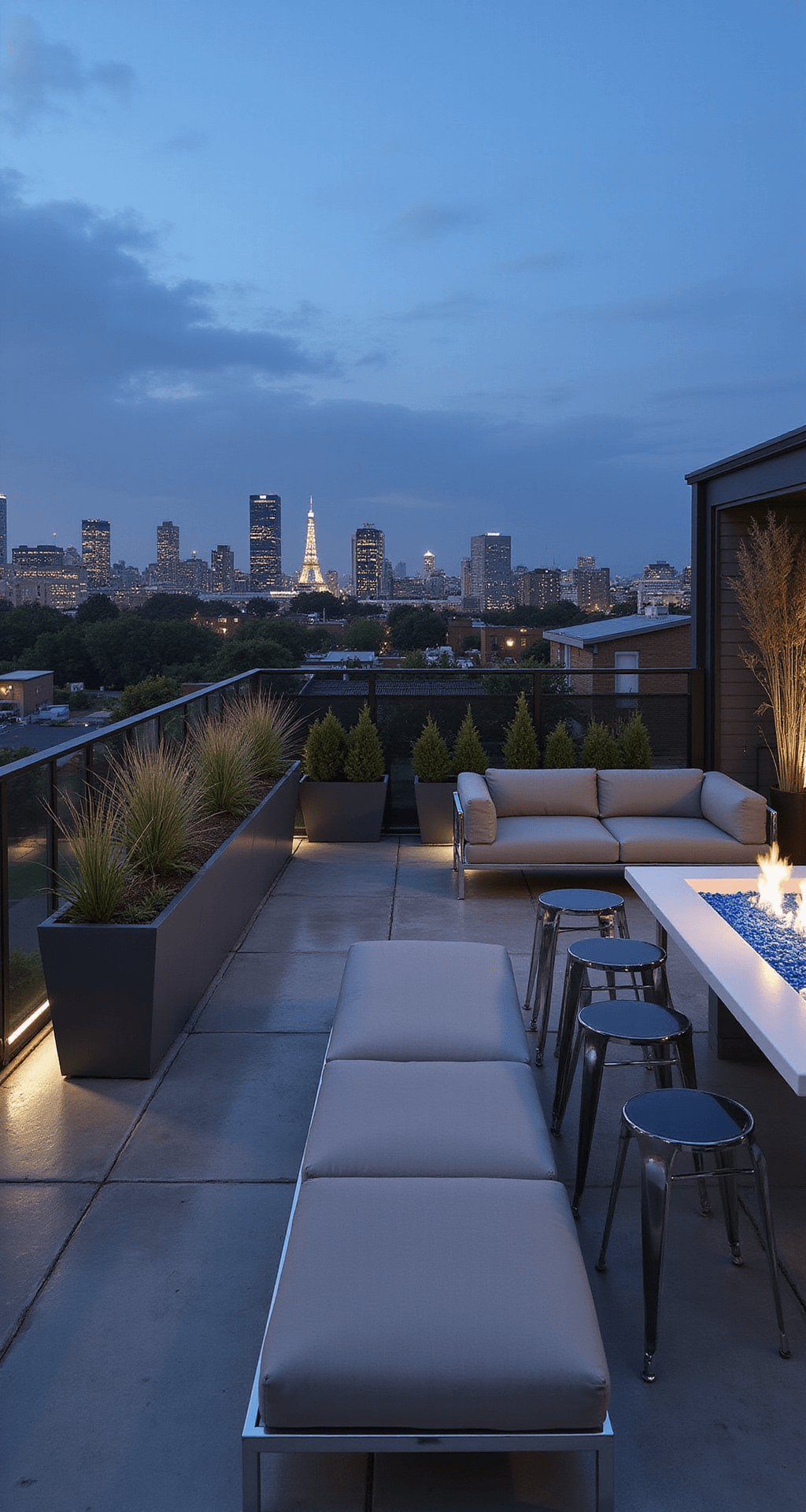 A modern rooftop patio featuring polished concrete flooring, white modular lounge furniture with charcoal cushions, a statement gas fire table with blue fire glass, and a sleek outdoor bar with acrylic ghost stools, all illuminated by minimalist LED strip lighting amidst a twilight city backdrop.