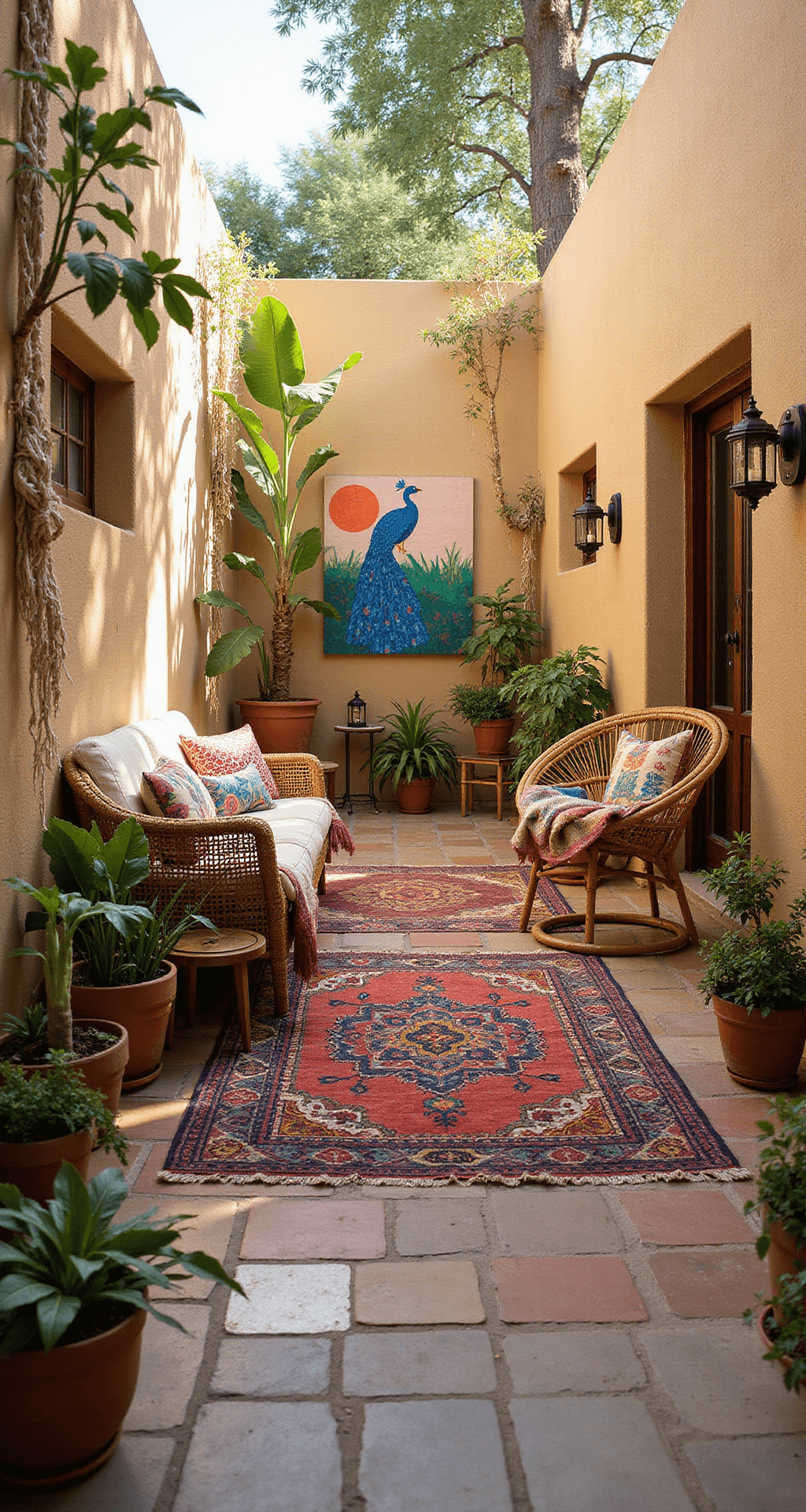 A vibrant bohemian courtyard patio with colorful Moroccan tiles and layered kilim rugs, featuring a low rattan sofa with patterned pillows, a macramé hanging chair, mismatched side tables with brass lanterns and succulents, cascading trailing plants, a banana leaf tree, and a painted peacock mural on the stucco wall, all illuminated by warm morning sunlight.