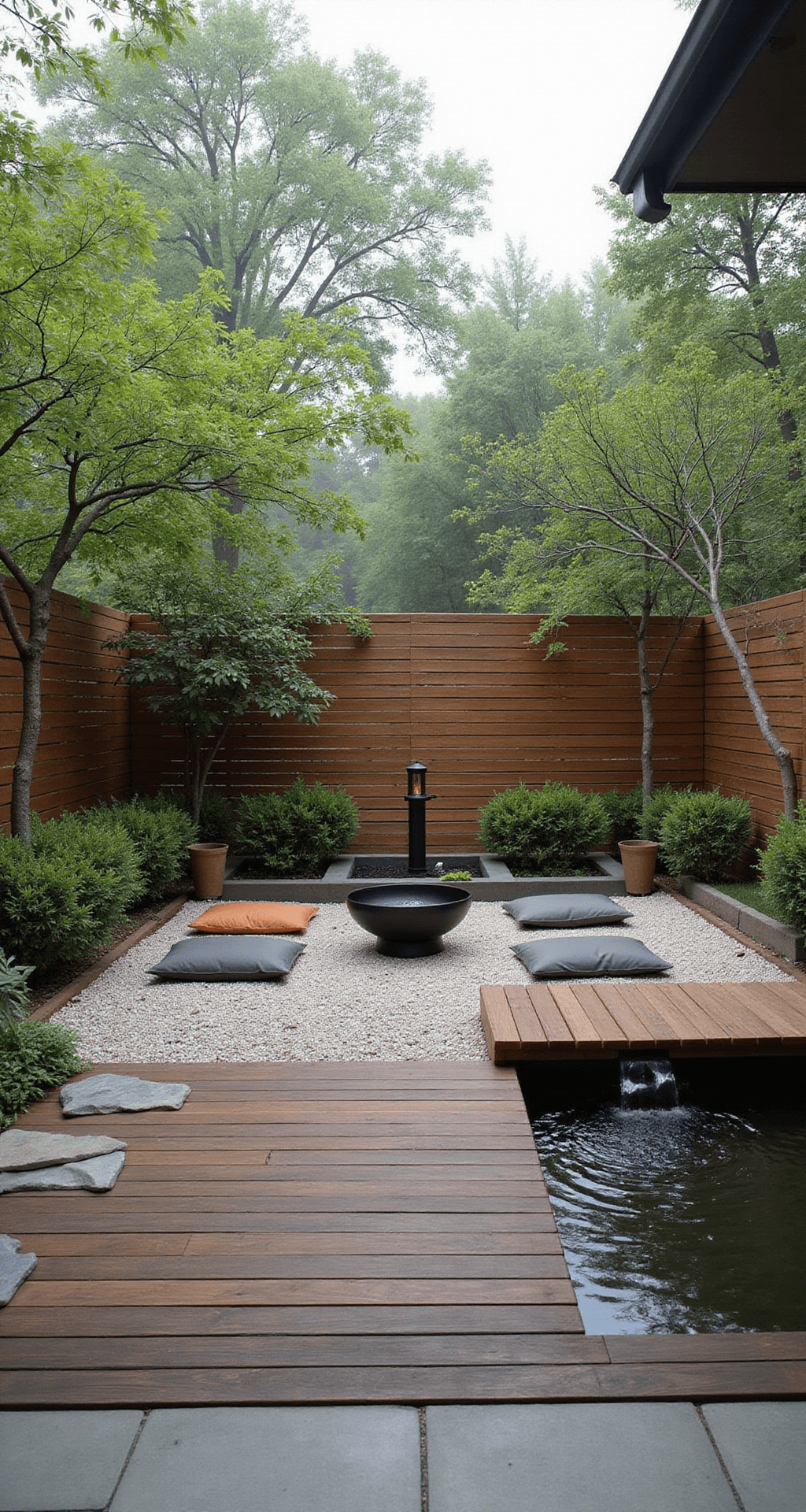 A serene Zen-inspired patio with a smooth pea gravel base, featuring a low wooden platform with floor cushions around a black iron fire bowl, stepping stones leading to a koi pond with a bamboo fountain, Japanese maples, and cloud-pruned shrubs, partially obscured by a slatted wood privacy screen with climbing jasmine, all illuminated by soft morning light.
