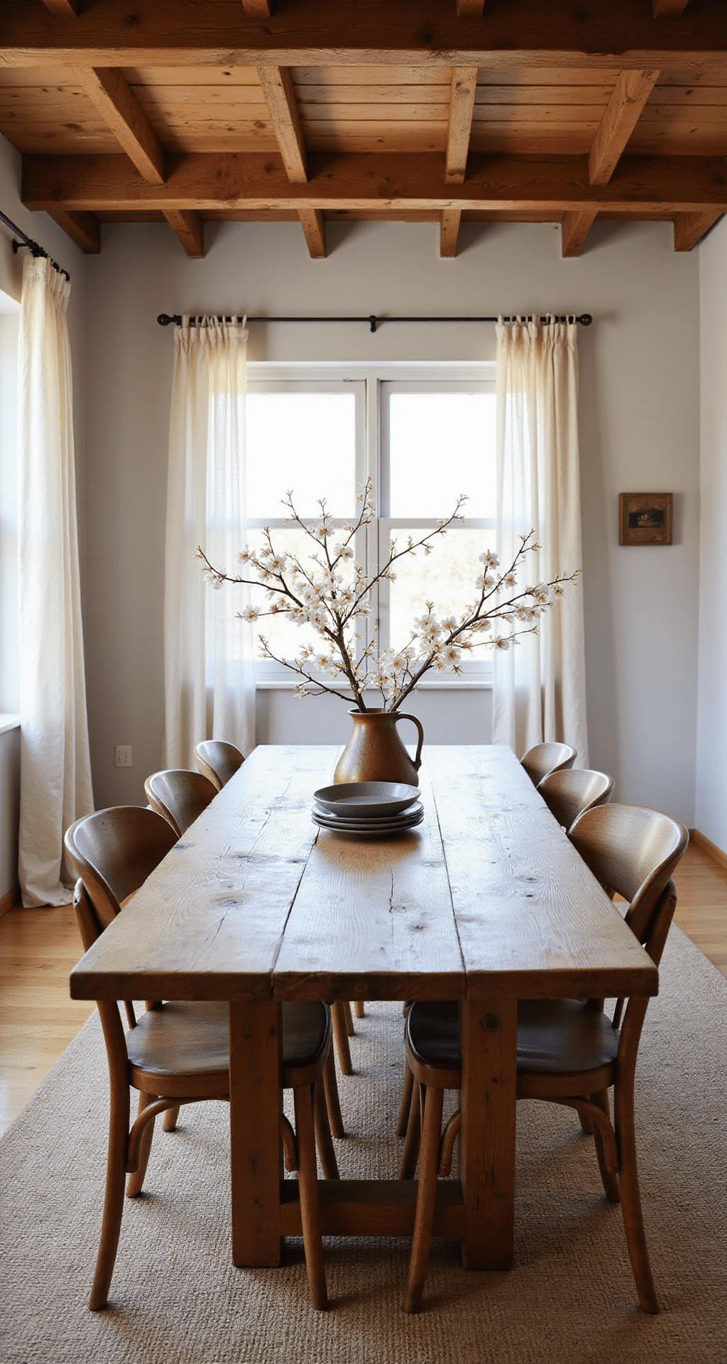 A sunlit dining room featuring an 8-seat Wabi Sabi table made of reclaimed oak, surrounded by mismatched vintage chairs, with a handwoven jute rug underneath. The table is adorned with hand-thrown ceramic plates in muted earth tones and a branch of cherry blossoms in a weathered copper vase, illuminated by soft afternoon light streaming through sheer curtains.