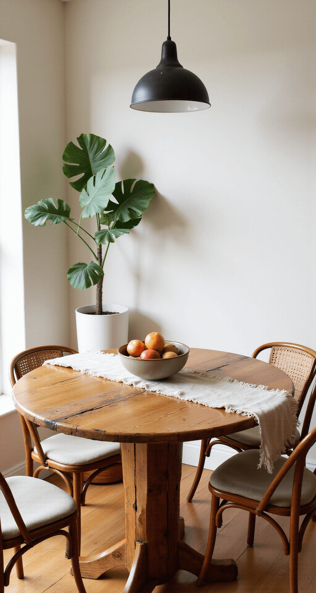 A cozy breakfast nook featuring a distressed pine Wabi Sabi table with rattan chairs, bathed in soft morning light, showcasing a hand-thrown ceramic bowl of fruit and a potted fiddle leaf fig.