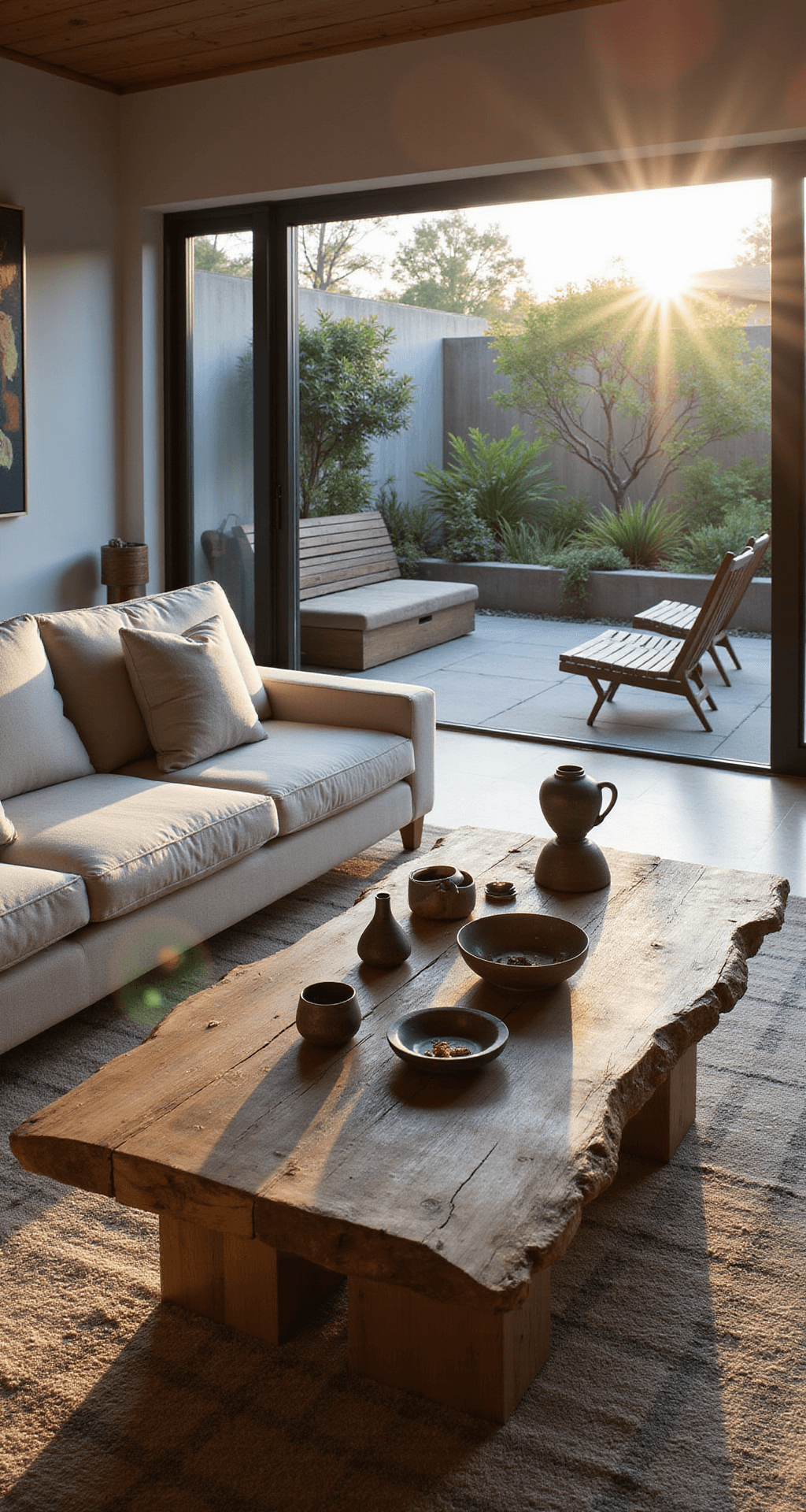 Open-concept living area with a Wabi Sabi coffee table made from reclaimed barn wood, flanked by oatmeal linen sofas. A handwoven geometric rug anchors the space, while handmade ceramics add artistic flair on the table. A large picture window reveals a zen garden, and warm, directional lighting enhances textures and creates dramatic shadows during golden hour.