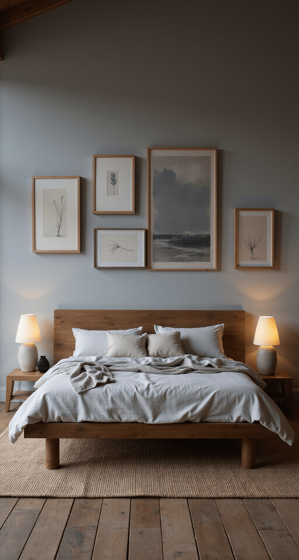A serene twilight bedroom featuring a reclaimed teak Wabi Sabi platform bed with soft linen bedding, asymmetrical stone nightstands, warm ceramic lamps, and a jute rug, accented by a gallery wall of wabi-sabi artworks in wooden frames, all harmonized in warm neutrals, soft greys, and dusty blue.