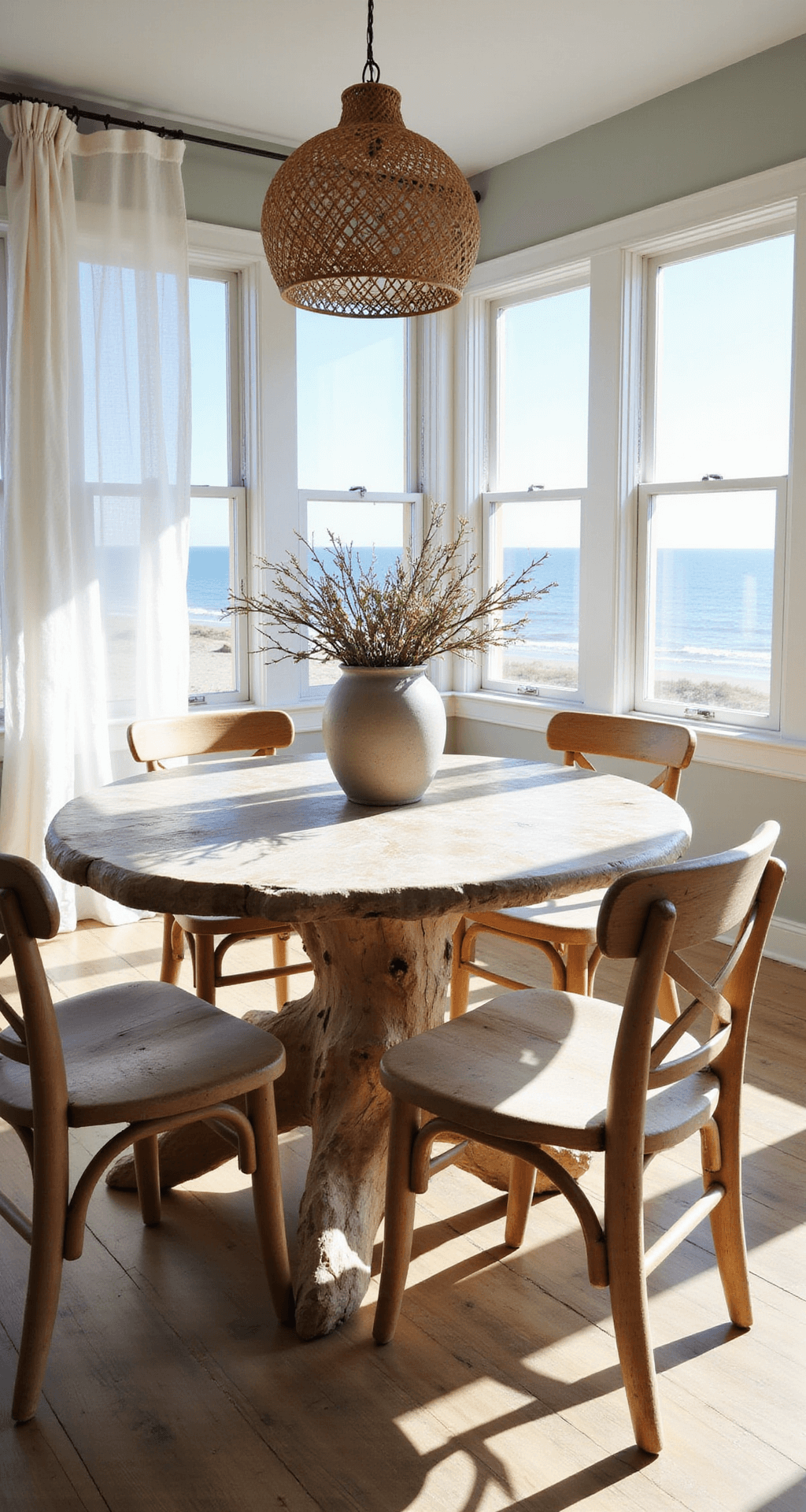 A sunlit 12x14 ft sunroom featuring a round driftwood dining table surrounded by mismatched wooden chairs, with a rattan pendant light overhead and beach-inspired decor, creating a relaxed coastal atmosphere.