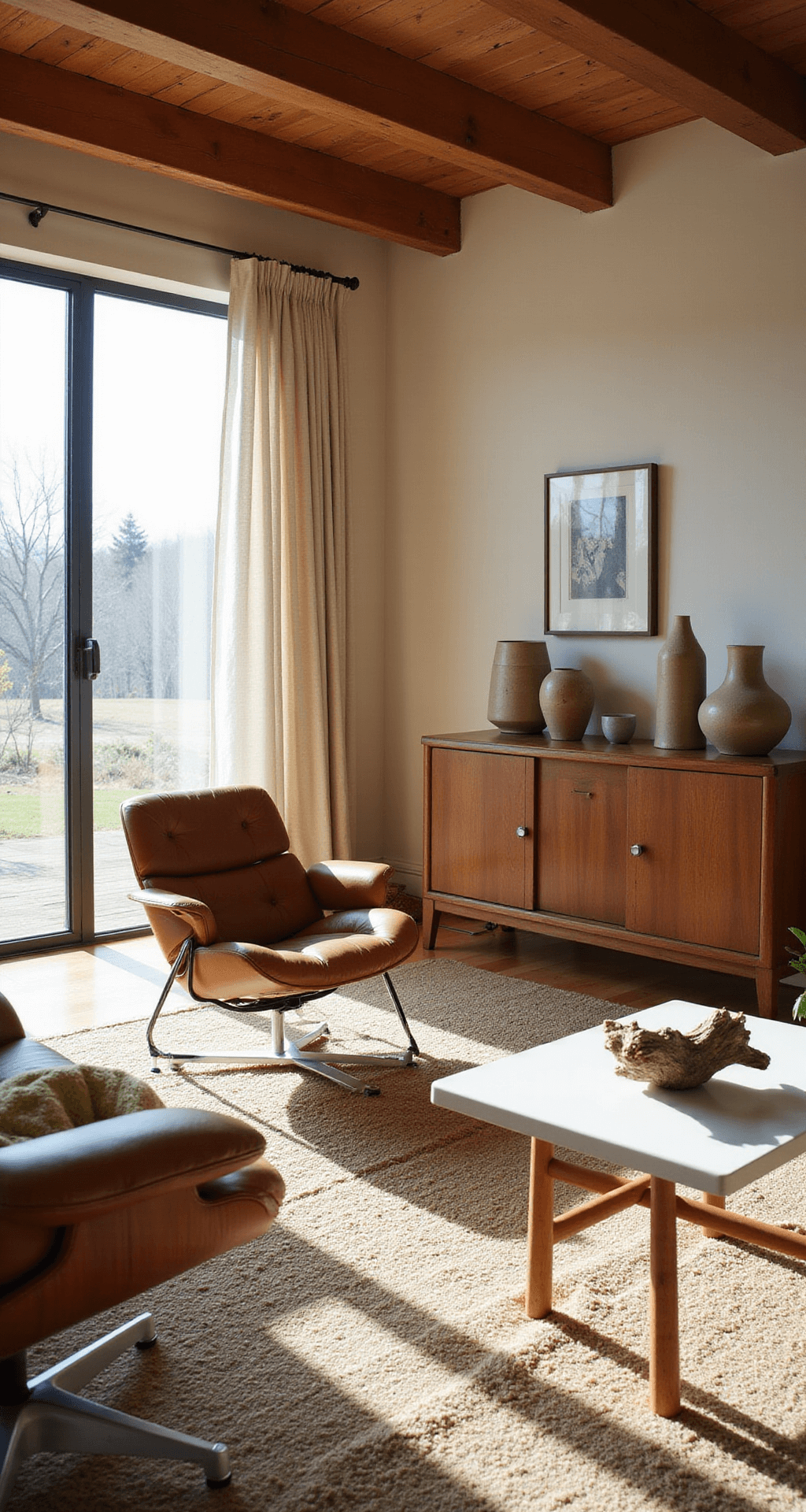 A sun-drenched living room featuring exposed wooden beams, a leather Eames lounge chair, a walnut credenza with ceramic vases, and layered rugs, all bathed in warm afternoon light.