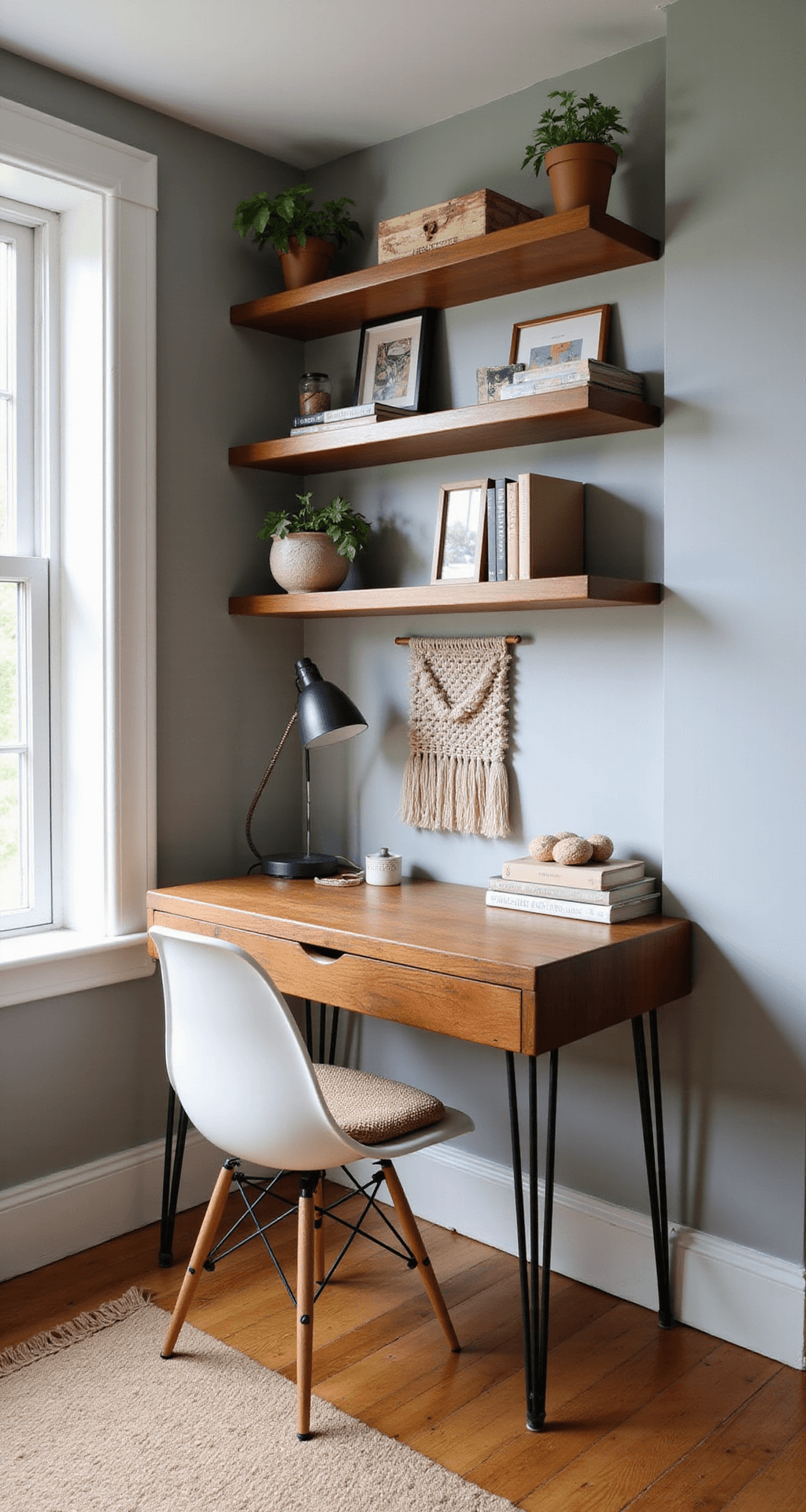 A cozy home office nook in a bay window, featuring a sleek teak desk with a vintage lamp, an Eames chair, floating shelves with mid-century and contemporary decor, and a macramé wall hanging, all bathed in warm morning light.