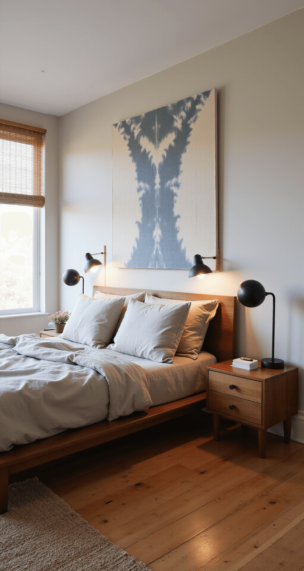 A serene bedroom with a platform bed featuring a low-profile walnut frame, dressed in rumpled linen bedding in oatmeal and pale blue. Soft evening light filters through bamboo blinds. Above, a pair of George Nelson bubble lamps float over asymmetrical nightstands, one mid-century and one rough-hewn wood. An abstract shibori textile adorns the wall, while a handwoven wool rug softens the bare wood floor, creating a cozy, sophisticated atmosphere.