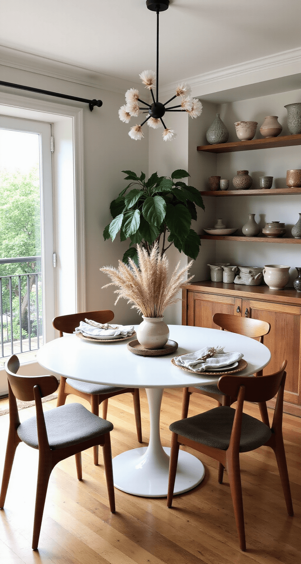 A bright airy dining area with a round tulip table and mismatched wooden chairs, adorned with a Sputnik chandelier. Open shelving displays ceramics, and a large fiddle leaf fig adds greenery. Soft greens and warm woods create an inviting atmosphere.