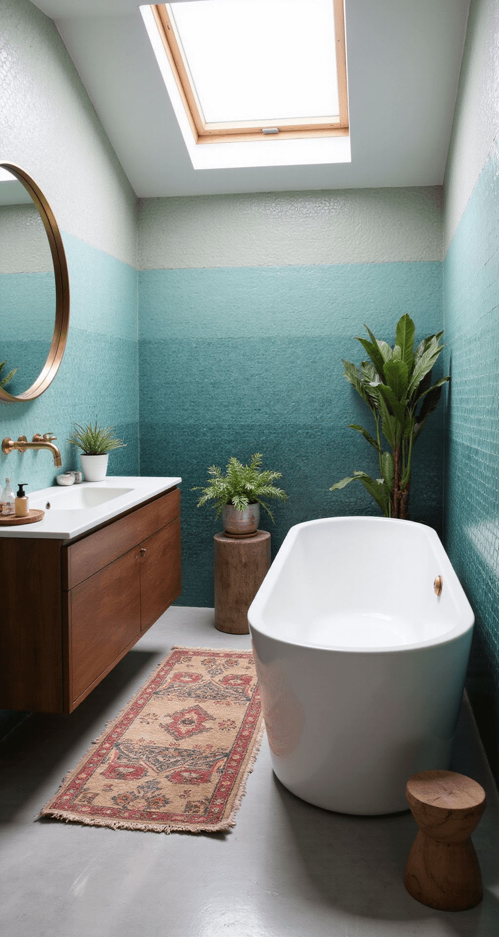 A serene spa-like bathroom featuring a freestanding soaking tub, handmade zellige tiles in teal and aqua, a floating walnut vanity, a round brass-framed mirror, and a vintage Moroccan rug, all softly illuminated by diffused light from a frosted skylight.