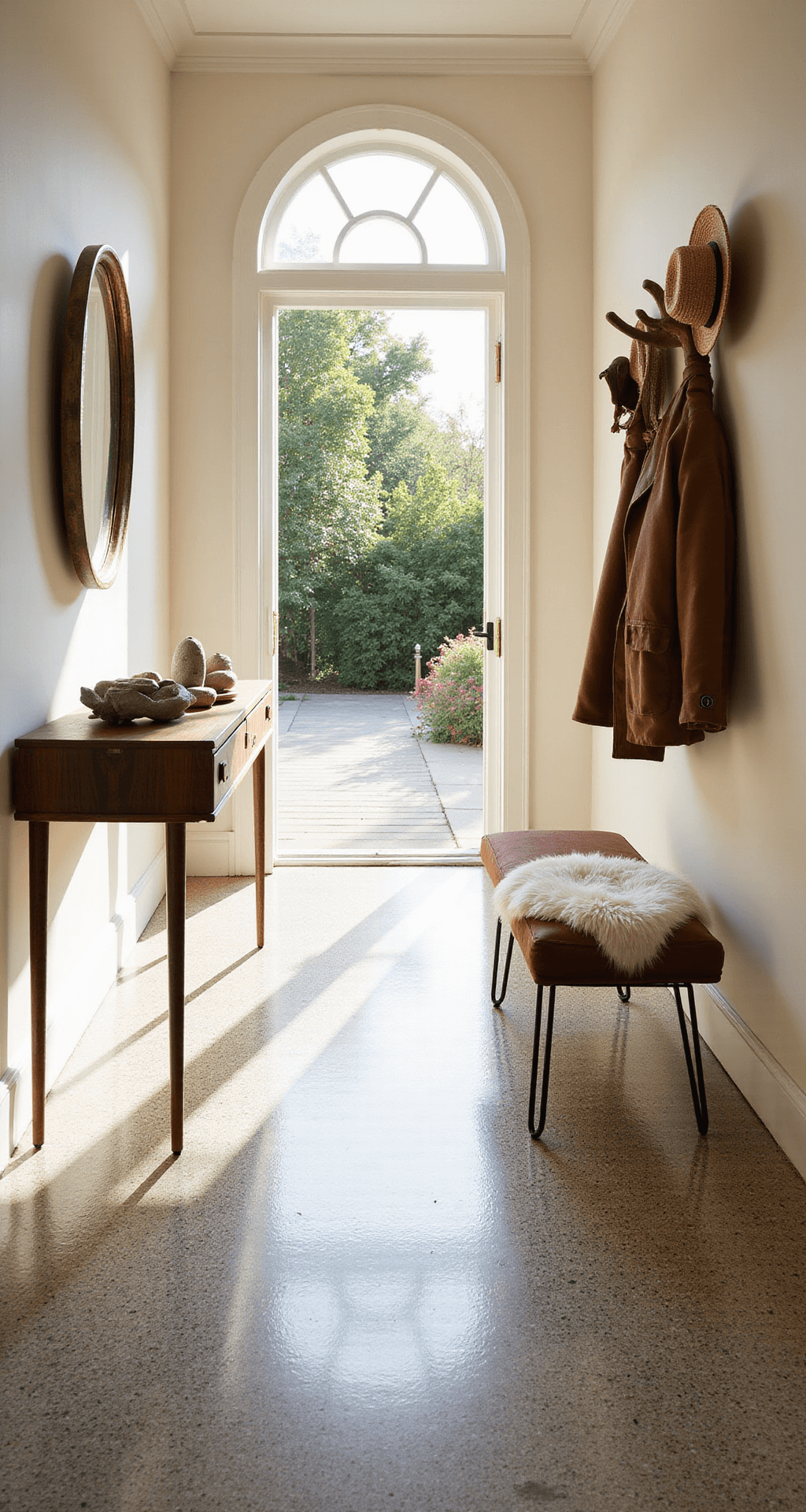 A welcoming entryway with a terrazzo floor, featuring a walnut console table with river stones and a ceramic bowl, a round mirror with a brass frame, an Eames coat rack with leather jackets and hats, and a hairpin-leg bench with a sheepskin throw, illuminated by warm afternoon light.