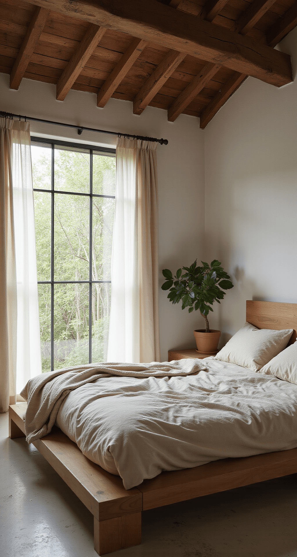A serene Wabi Sabi bedroom with a low platform bed and rumpled linen duvet, illuminated by soft morning light, exposed wooden beams, whitewashed walls, minimalist nightstands, and a view of bamboo through a large window. A potted fiddle leaf fig adds greenery, while muted earth tones and textured surfaces enhance the tranquil atmosphere.