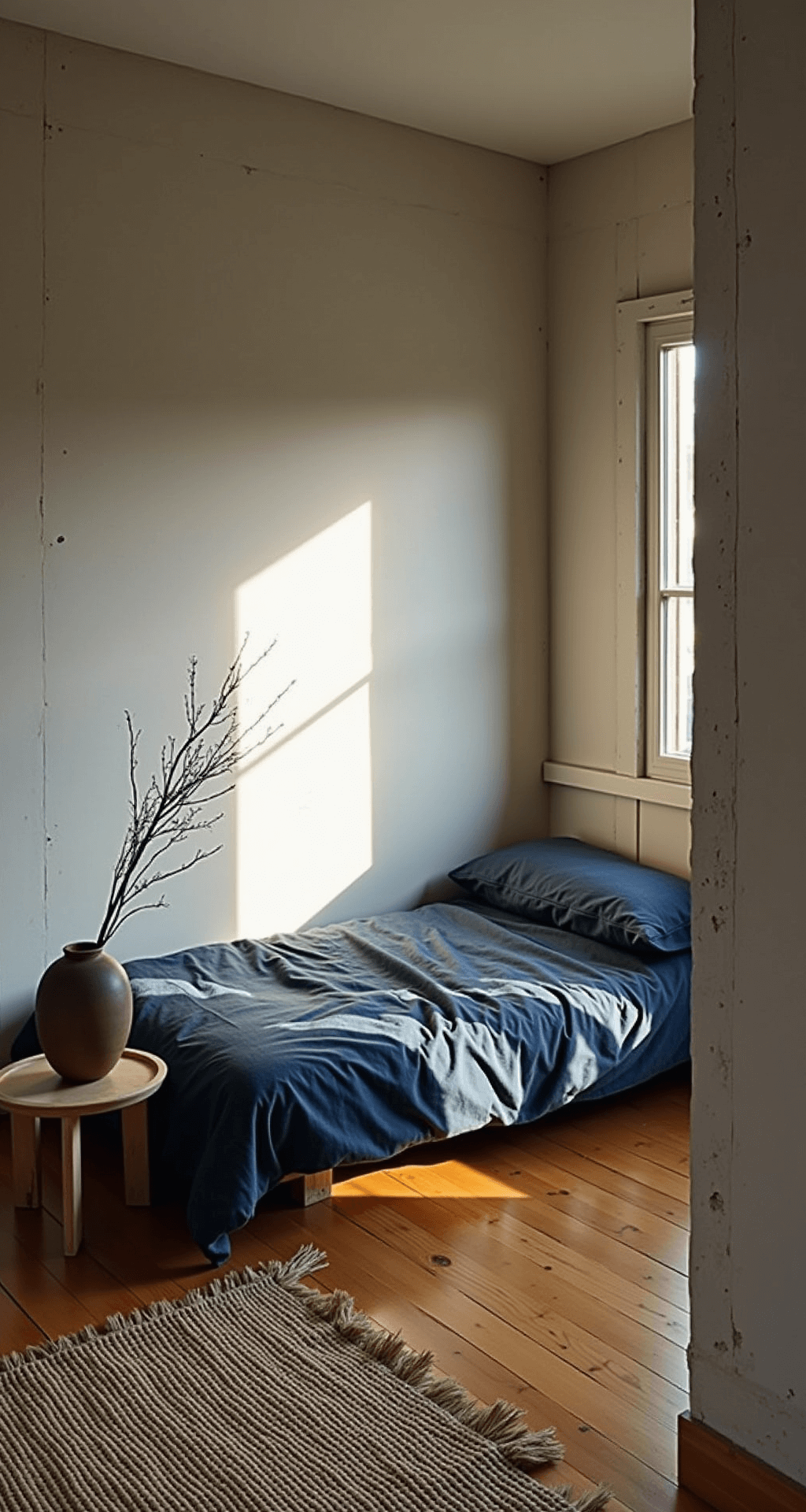 An intimate Wabi Sabi sleeping nook in a 10x10 ft alcove featuring a simple futon with wrinkled indigo linen sheets on warm bamboo flooring, accented by a handwoven jute rug. The space is illuminated by late afternoon sunlight casting shadows on uneven plaster walls, with a weathered wooden stool holding a clay vase and a single branch. The color palette includes cool greys, deep blues, and natural wood, all captured from a corner angle to emphasize the cozy, lived-in atmosphere.