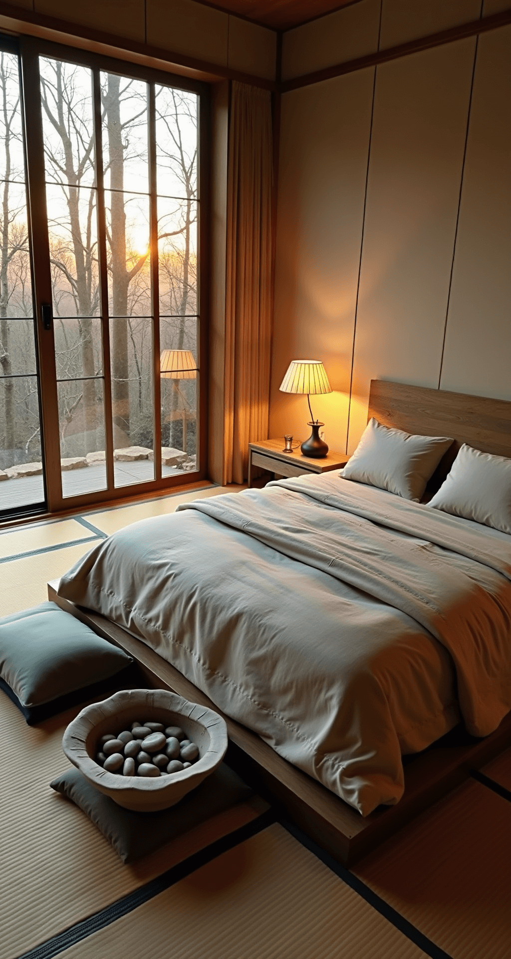 A Wabi Sabi master bedroom features sliding shoji screens casting patterns on tatami flooring, a reclaimed oak platform bed dressed in ecru linens, asymmetrically placed sage floor cushions, and a large ceramic bowl with river stones, all illuminated by warm amber lighting at dusk.