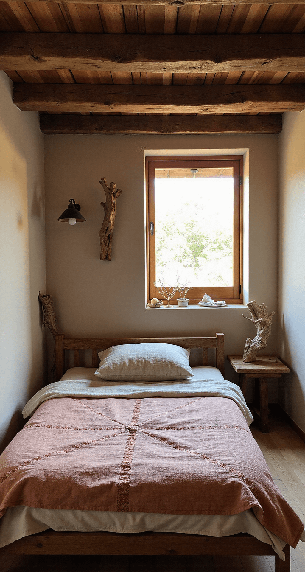 A cozy Wabi Sabi guest room with timber beams and adobe walls, featuring a low bed with a hand-stitched quilt, a driftwood sculpture, and an ikebana arrangement, all illuminated by soft morning sunlight.