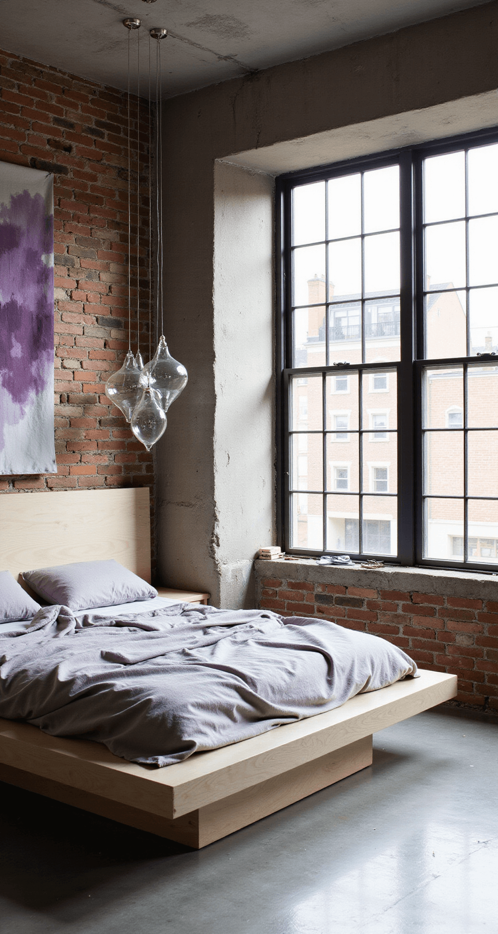 Airy Wabi Sabi loft bedroom with exposed brick walls and polished concrete floors, featuring a pale ash wood platform bed dressed in rumpled dove grey and pale lavender linen, hand-blown glass pendants, and a large abstract shibori textile on the wall, illuminated by natural light pouring through expansive windows.