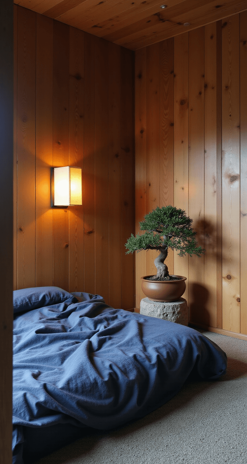 A tranquil Wabi Sabi bedroom retreat with raw cedar walls, a low futon with an indigo coverlet, a gnarled bonsai tree in a ceramic pot, smooth pebble-like tiles, and soft amber lighting from a paper lantern, creating a cozy, intimate atmosphere.