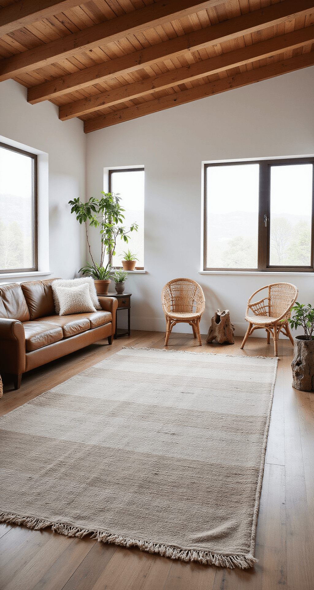A sunlit living room featuring exposed wooden beams, large windows, and a handwoven Wabi Sabi rug in muted earth tones, surrounded by minimalist furniture including a low-slung leather sofa and rattan chairs, enhanced by potted succulents and a driftwood sculpture, all against bare white plaster walls.