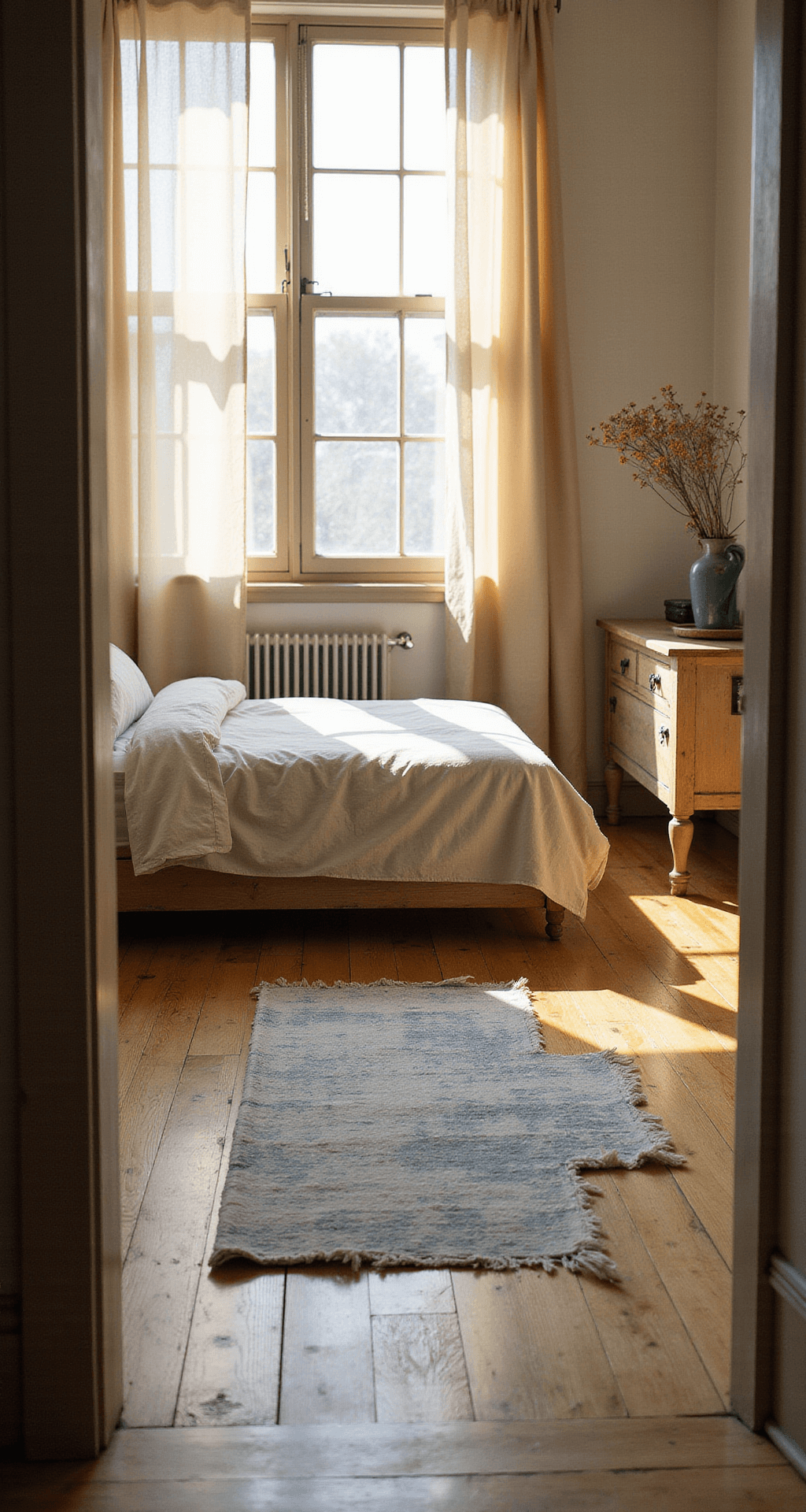 A cozy bedroom with a 6x9 ft Wabi Sabi cotton rug in faded indigo hues on wide-plank pine floors, a simple platform bed in rumpled linen, a ceramic vase with wildflowers on a distressed nightstand, and sheer curtains filtering warm morning light, all captured from a low angle to highlight the rug.