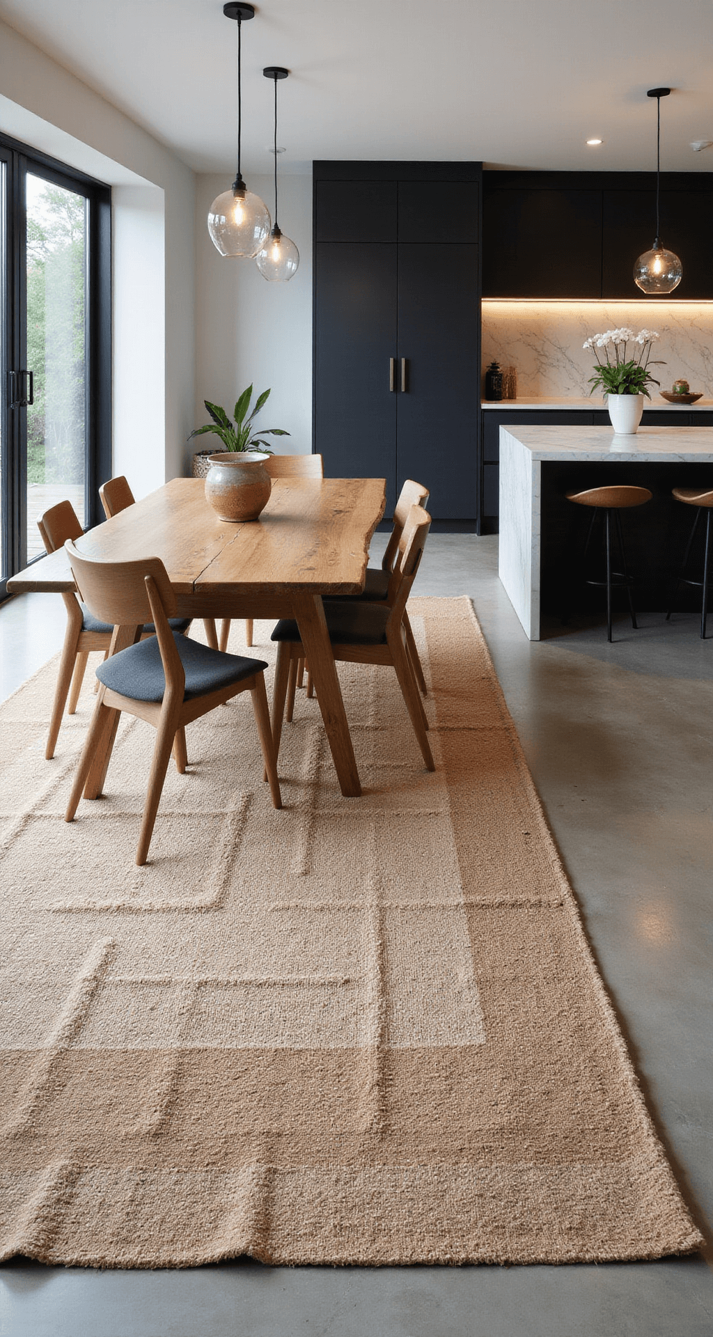 A high-angle view of a spacious open-concept kitchen and dining area featuring polished concrete floors, a large jute rug in natural tones, a live-edge wood table with mid-century chairs, and matte black cabinetry with white marble countertops, highlighted by pendant lights and ample natural light.