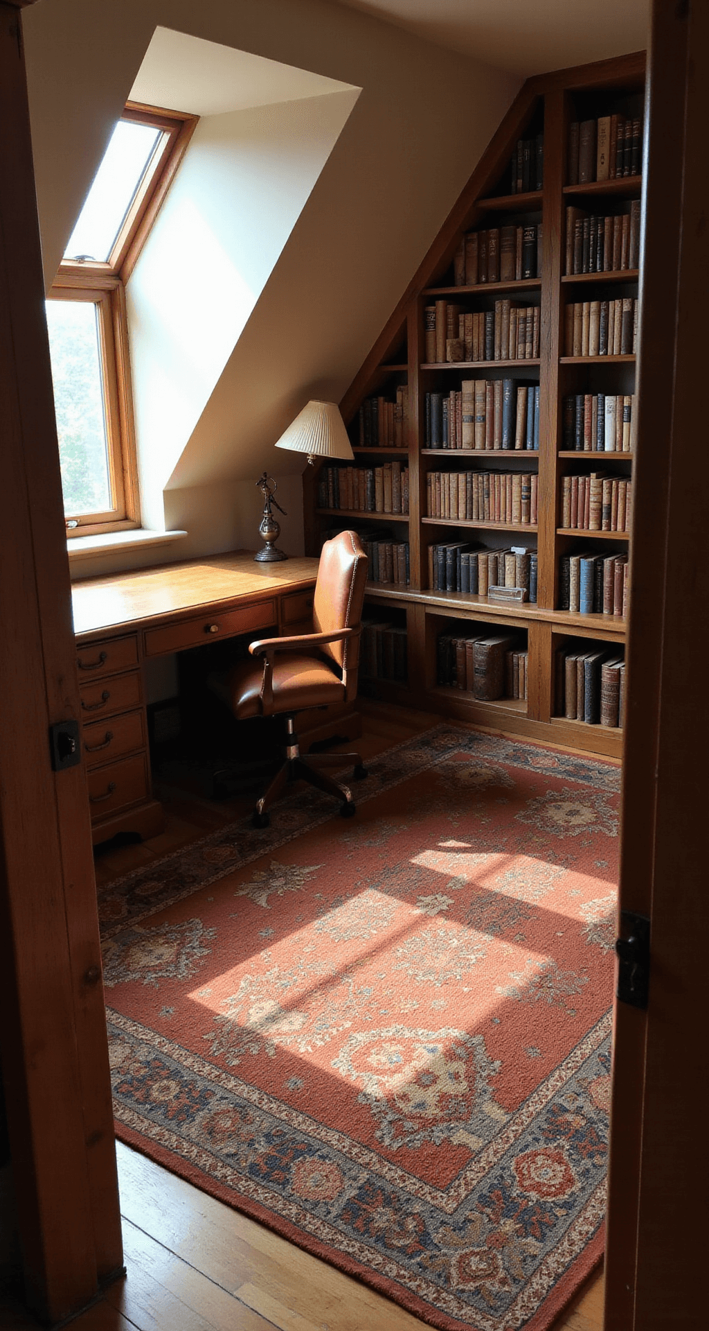 Cozy attic home office nook with slanted ceilings, featuring a handwoven Wabi Sabi rug, vintage wooden desk, leather chair, and a floor lamp, illuminated by warm afternoon sunlight streaming through a dormer window.