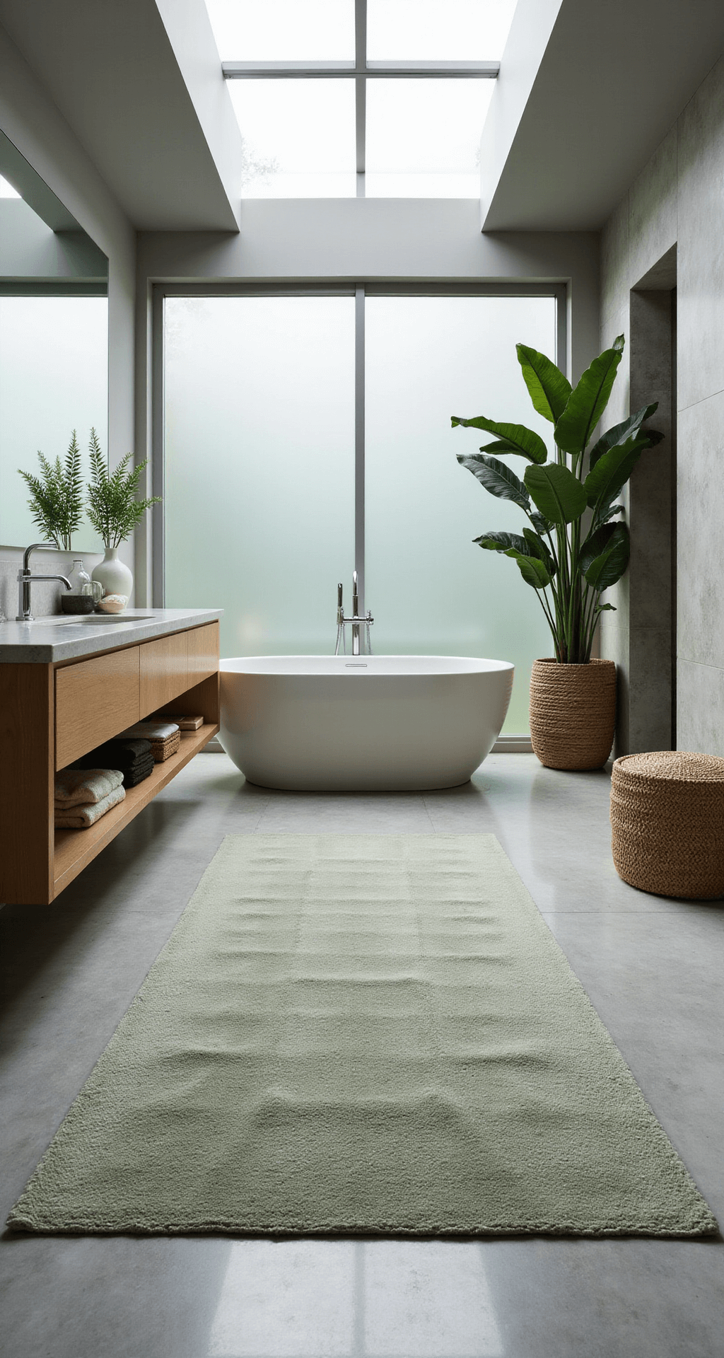 A serene master bathroom featuring a Wabi Sabi cotton bath mat in muted greens and grays on sleek limestone tiles, with high ceilings, a skylight, and a large potted fern, all illuminated by diffused natural light.