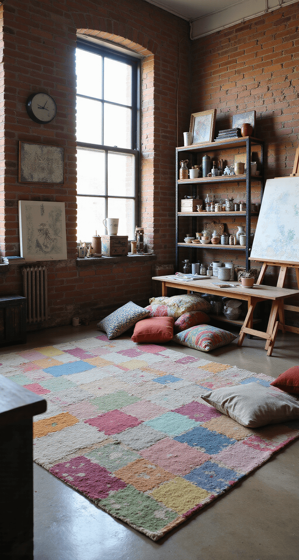 An eclectic artist's studio with exposed brick walls, tall north-facing windows, a patchwork Wabi Sabi rug anchoring the space, a paint-splattered easel, vintage drafting table, open shelving filled with art supplies, and mismatched floor cushions in a cozy seating area, all illuminated by warm afternoon light.