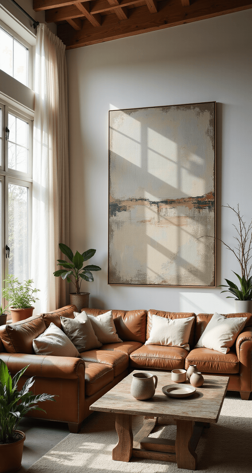 A sunlit living room with high ceilings, exposed wooden beams, a distressed leather sofa with mismatched pillows, a large Wabi Sabi-inspired canvas, potted plants, and a weathered wooden coffee table with handmade ceramics, all bathed in warm, natural light.