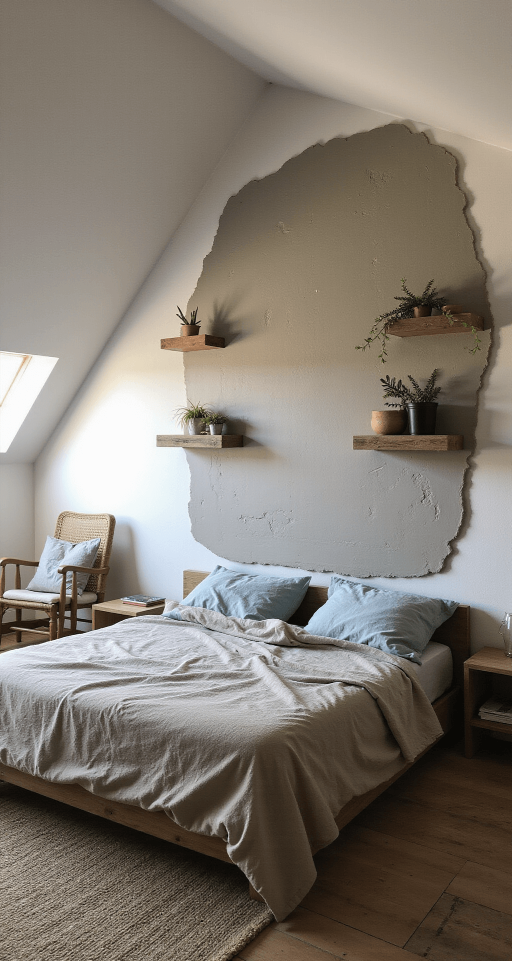Cozy bedroom with slanted ceiling and dormer window, featuring a low platform bed with rumpled oatmeal and pale blue bedding, a large hand-plastered Wabi Sabi wall, floating shelves with curated objects and air plants, handwoven jute rug, and soft morning light illuminating dust particles.