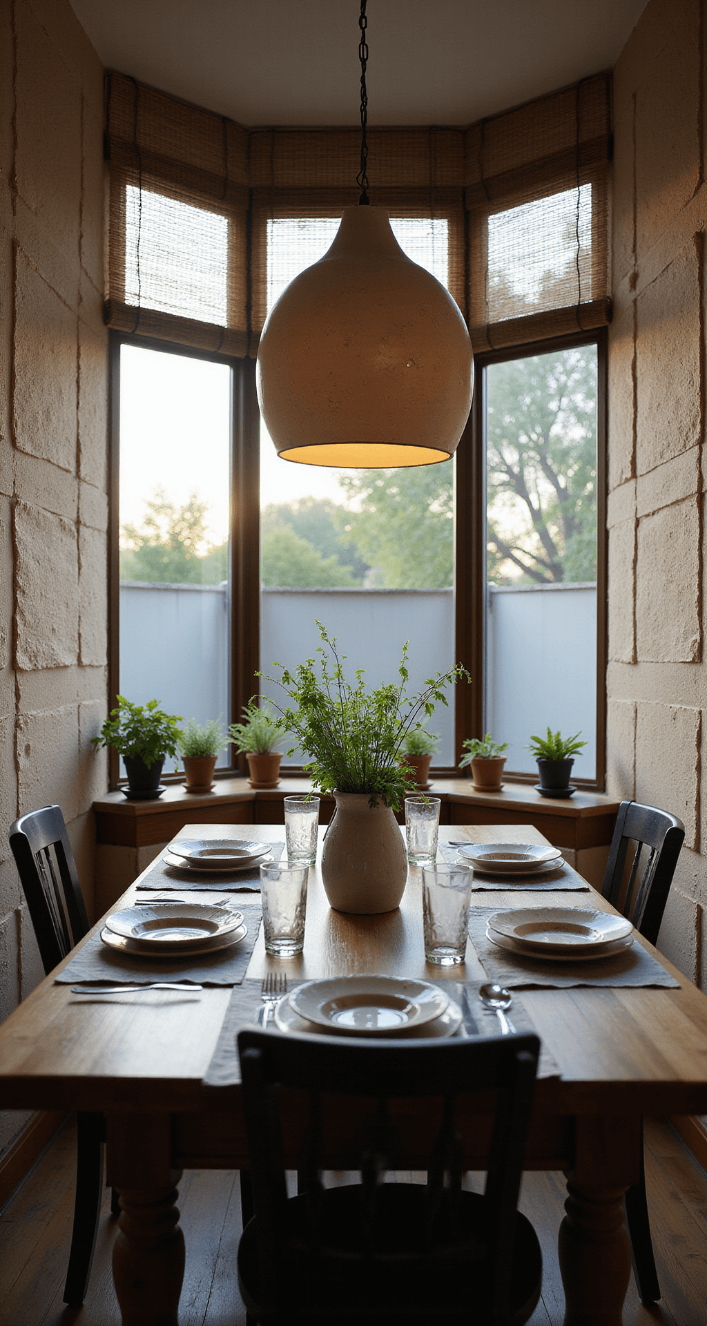An intimate dining nook featuring a reclaimed wood table set for four, mismatched ceramic plates, and hand-blown glass tumblers, with warm dusk light filtering through bamboo blinds and illuminating textured rice paper wall panels. Potted herbs adorn the windowsill, enhancing the serene ambiance.