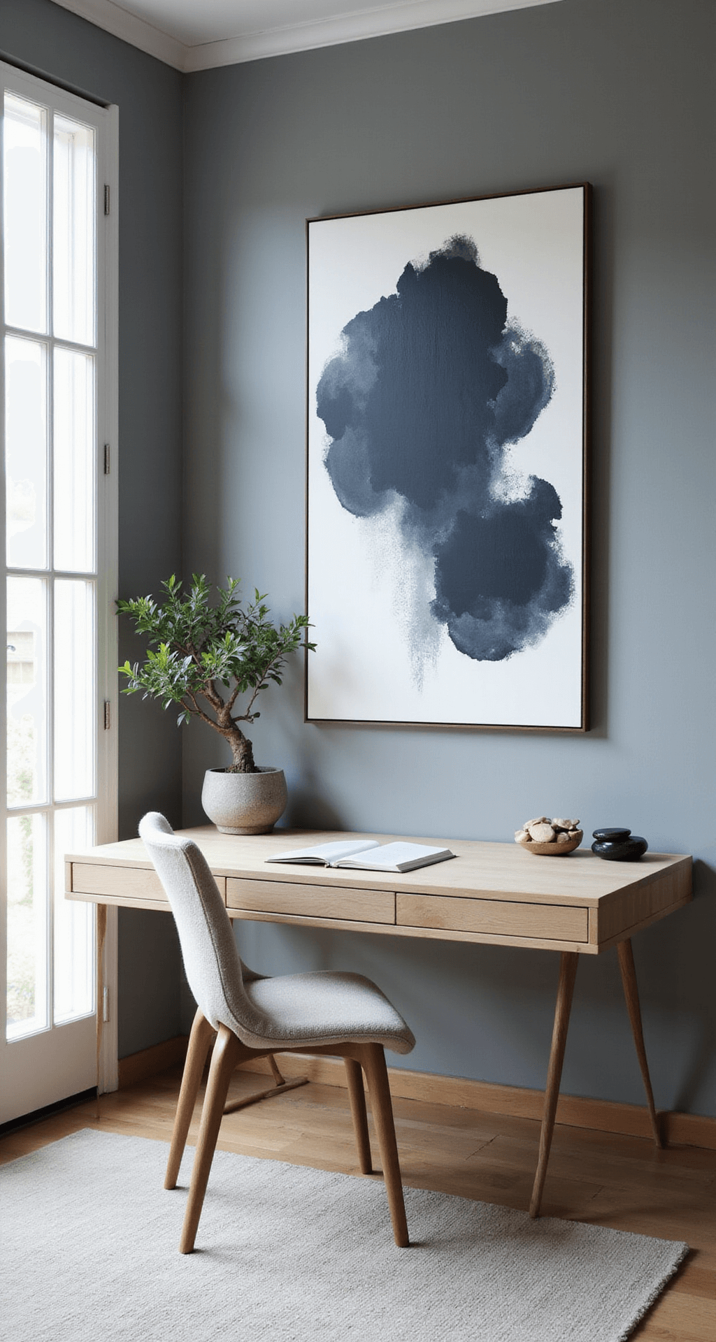A minimalist home office featuring a pale ash wood floating desk and a chair in raw, undyed linen, illuminated by mid-morning light filtering through shoji screens. An abstract Wabi Sabi artwork with bold brushstrokes in indigo and charcoal serves as the focal point, complemented by smooth river stones and a gnarled bonsai tree, all in a monochromatic grey and blue color scheme.