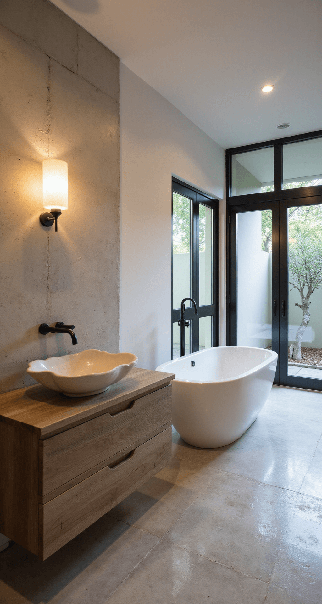 A serene spa-like bathroom featuring a freestanding soaking tub, soft ambient lighting from sconces, a textured hand-troweled plaster accent wall, a weathered teak floating vanity with an oversized ceramic sink, and floor-to-ceiling windows opening to a private courtyard with a twisted olive tree. The color palette includes warm whites, soft greys, and sage green, with uneven stone tiles on the floor enhancing the tranquil atmosphere.