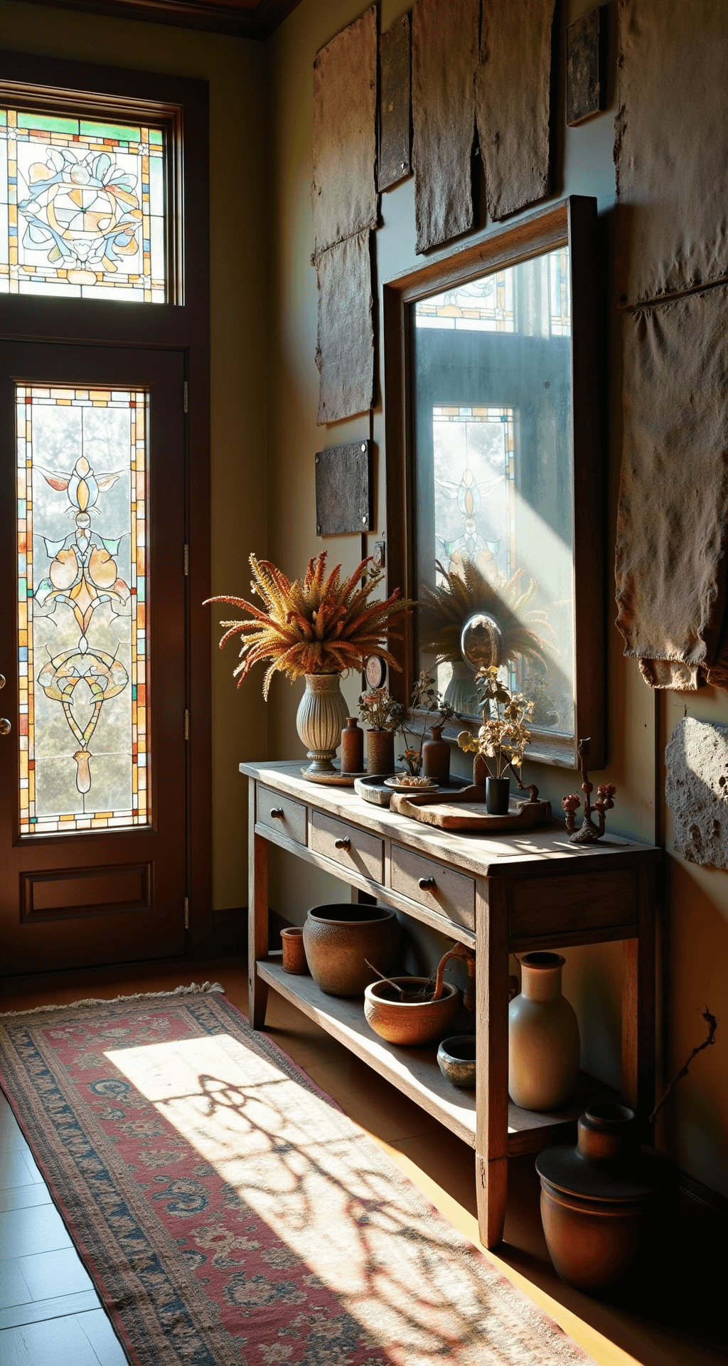 An eclectic Wabi Sabi entryway featuring a stained glass transom window, a distressed console table with found objects, an asymmetrical oxidized mirror, and a textured gallery wall with tapestries and abstract paintings, all illuminated by warm afternoon sunlight. A vintage rug with worn patches enhances the rich earth tones and pops of indigo and rust.