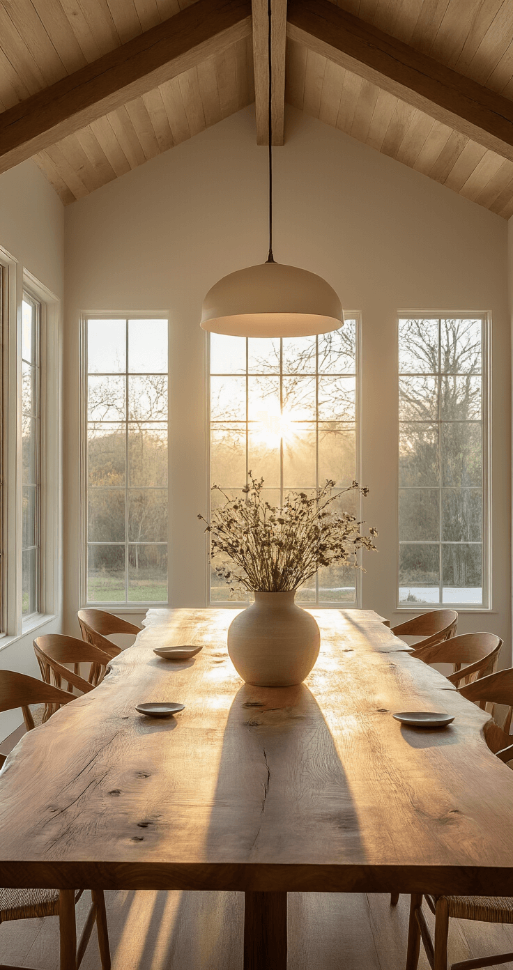 A spacious dining room featuring a 10 ft live-edge walnut table, vaulted ceilings with wooden beams, warm wood tones, soft greys, and muted greens, illuminated by golden hour sunlight streaming through large windows.