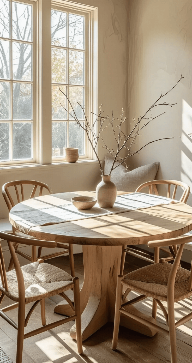 Cozy breakfast nook with a raw-edge maple table, mismatched ceramic chairs, and foraged branches, illuminated by warm morning light, featuring earthy tones and textured plaster walls.