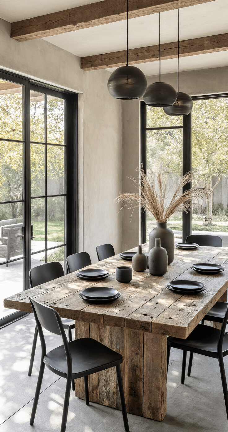 A rustic-modern dining area featuring an 8 ft reclaimed barn wood table with black metal chairs, bathed in soft afternoon light. Dappled shadows extend across the space, which opens to an outdoor patio through sliding glass doors. Minimal decor includes hand-blown glass vases with dried grasses and matte black stoneware plates, all in a color scheme of greys, browns, and forest green. Simple paper lanterns hang overhead, enhancing the serene ambiance.