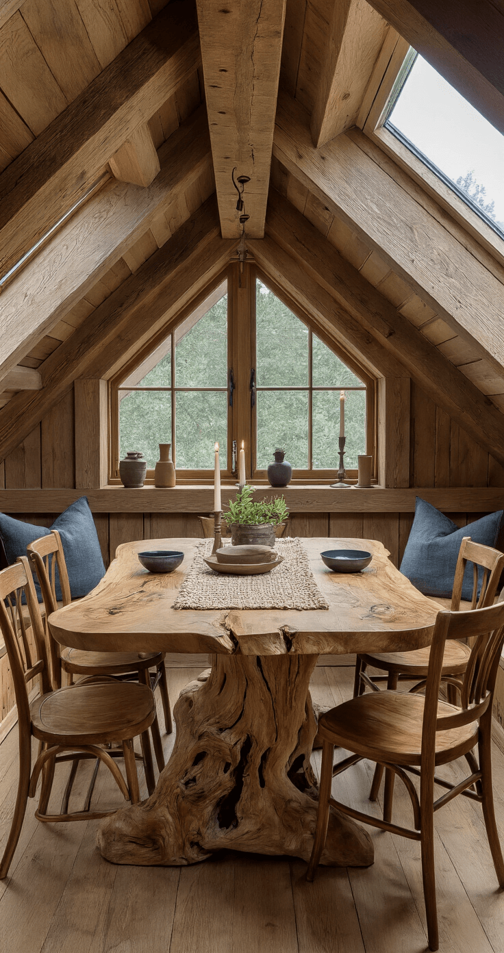 A cozy dining nook in a converted attic with slanted ceilings and a skylight, featuring a 6 ft olive wood table surrounded by vintage wooden chairs. Soft moonlight and candlelight create a warm ambiance, highlighting the table's unique grain and natural edge, complemented by a hand-woven runner and artisanal bowls in a palette of deep wood tones, cream, and slate blue.